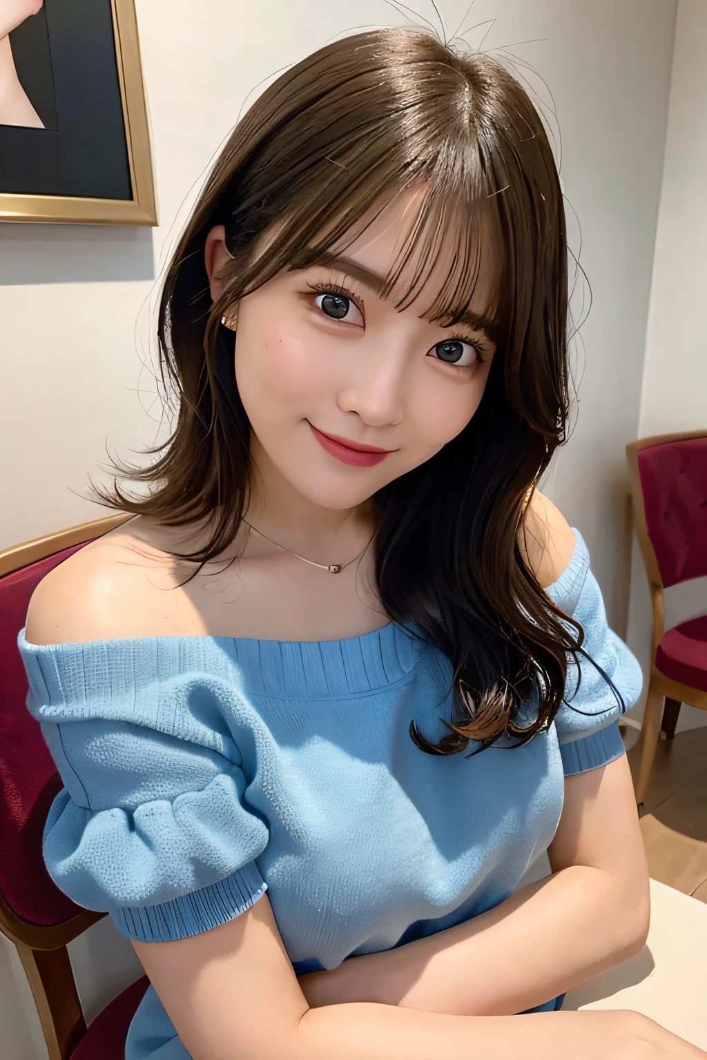 top-quality、Photorealsitic、8K、A high resolution、Perfect litthing、a gorgeous、tmasterpiece、hentail realism、closeup portrait、
1girl in、piercingeyes、off-shoulder sweater、middlebreast、short detailed hair、looki at viewer、kindly smile、in a cafe、In the room、A miniskirt、rays of sunshine