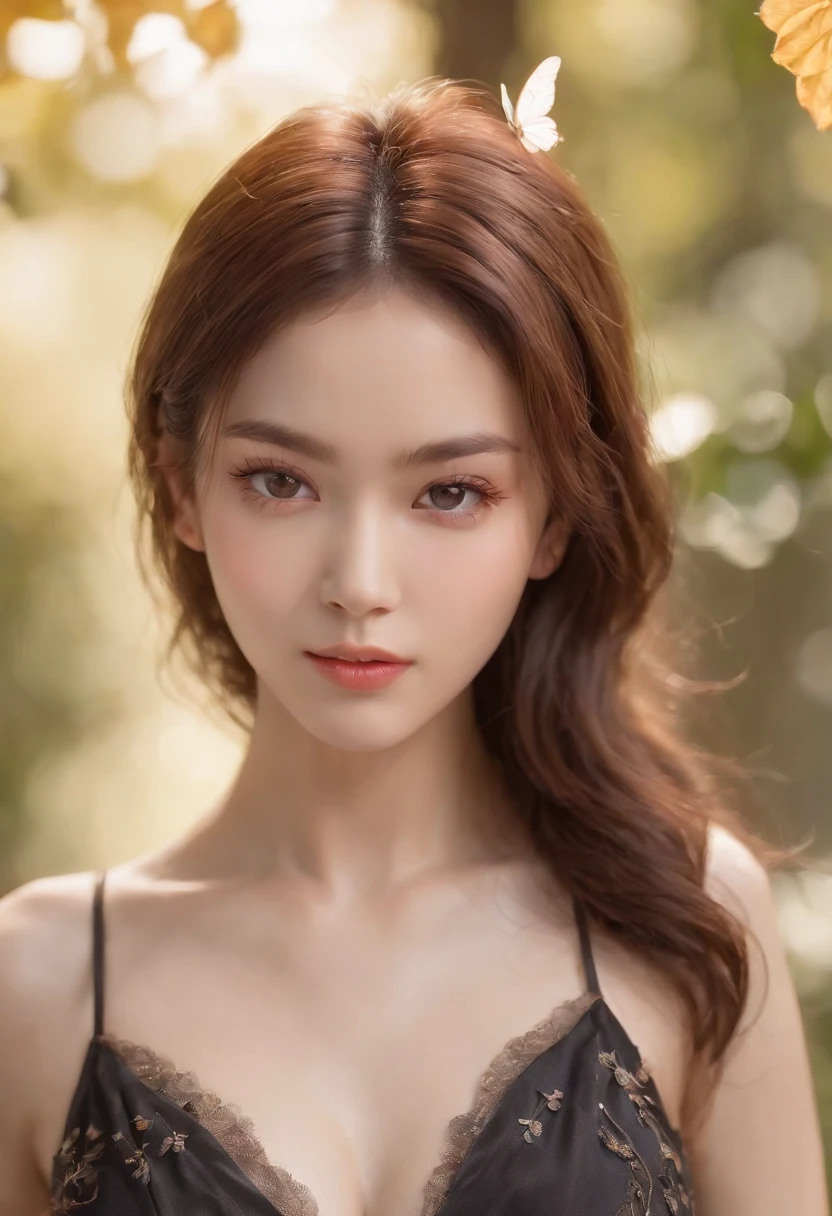 Extremely detailed and high-resolution masterpiece of Kocho Shinobu, the beautiful and deadly Demon Slayer in dynamic action. Add emphasis on the intricate details of her butterfly-themed outfit and the fierce expression on her face. Set the scene at twilight, with a serene pond and cherry blossom petals in the background. Use rich colors and volumetric light to create a sense of ethereal beauty and power. (8k, RAW photo, best quality, masterpiece:1.2), (realistic, photo-realistic:1.37), 1girl, cute, A beautiful woman with perfect body:1.4, Slim abdomen:1.2, ((sideboob)),(underboob), big breasts, soft breasts, moles under left eyes, short hair, casual hair style, brown hair, sweat skined:1.2, hyperrealistic skin detail, ultra-detailed face, delicate eyes, double eyelids, soft breasts, charming expression, Pretty woman with emphasizing slender abs :1.3, diamond piercing in the navel, delicate necklace, delicate earrings, simple blurred background, extreme detail description, beautiful, charming, delicate face, delicate figure, Fine collarbones, lovely lips, soft behind, necklace, earring best quality, piercing in stomach, dimples,