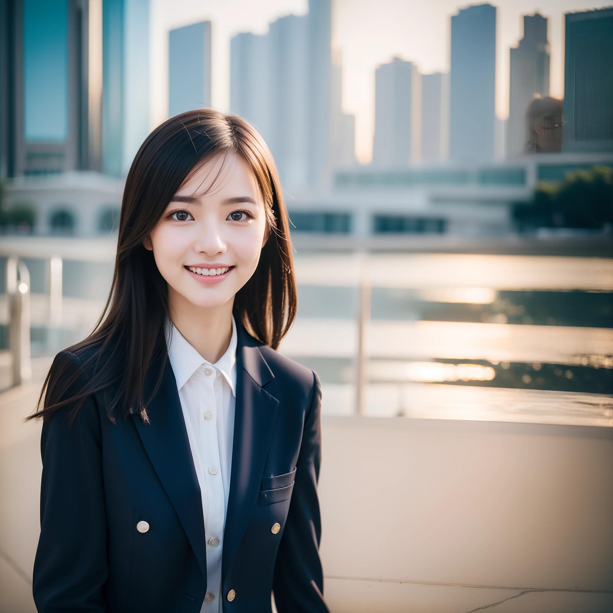 top-quality, masterpiece, (Photorealsitic:1.4), ultra-detailliert, Raw photo, girl with, 独奏, A smile, Dressed in a suit, portlate, a closeup, City Background, natural soft light, bokeh dof