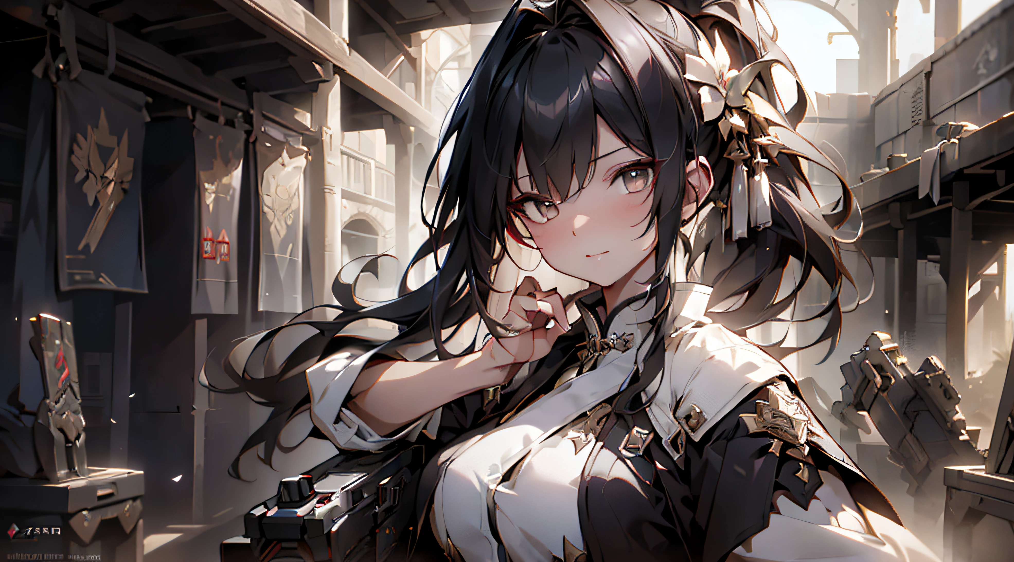 1 adult woman with a gun like weapon in her hand, alone, High detail mature face, long ponytail silver hair, gold eyes, white china dress with black strip, wear black head band, high res, ultra sharp, 8k, masterpiece, looking at viewer, long black gloves, Sharp eyes, ((Best quality)), ((masterpiece)), 3D, HDR (High Dynamic Range),Ray Tracing, NVIDIA RTX, Super-Resolution, Unreal 5,Subsurface scattering, PBR Texturing, Post-processing, Anisotropic Filtering, Depth-of-field, Maximum clarity and sharpness, Multi-layered textures, Albedo and Specular maps, Surface shading, Accurate simulation of light-material interaction, Perfect proportions, Octane Render, Two-tone lighting, Wide aperture, 8K RAW, Aura, Mysterious expression, magical effects like sparkles or energy, flowing robes or enchanting attire, mechanic creatures or mystical background, rim lighting, side lighting, cinematic light, ultra high res, 8k uhd, best shadow, delicate, RAW, light particles, detailed skin texture, detailed cloth texture, beautiful face, fighting stance