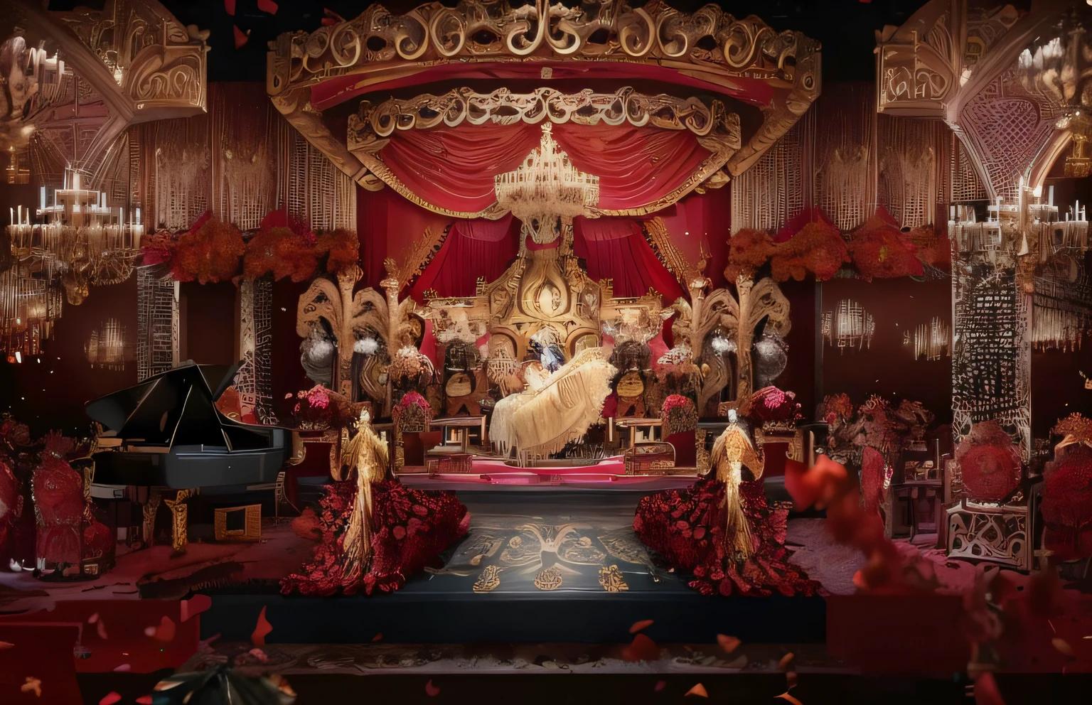 Close-up of the piano and the stage of the lion, exquisitely designed throne room, luxurious wedding, detailed set design, Gorgeous and complex background, elaborate stage effects, ornate backdrop, Throne Room, palatial scene, royal interior, stunning arcanum backdrop, lavishly decorated, rendering of beauty pageant, Luxurious Rococo Baroque setting，European Wedding