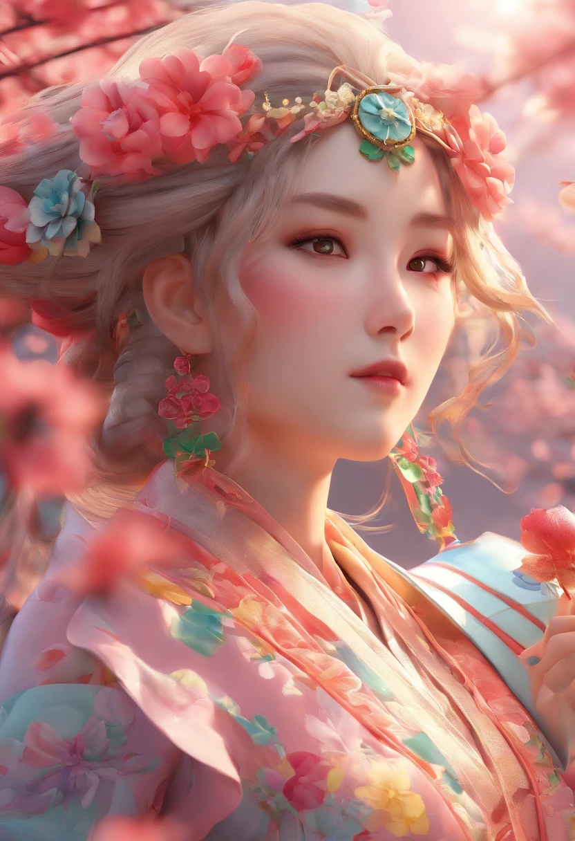 Extremely detailed and high-resolution masterpiece of Kocho Shinobu, the beautiful and deadly Demon Slayer in dynamic action. Add emphasis on the intricate details of her butterfly-themed outfit and the fierce expression on her face. Set the scene at twilight, with a serene pond and cherry blossom petals in the background. Use rich colors and volumetric light to create a sense of ethereal beauty and power.