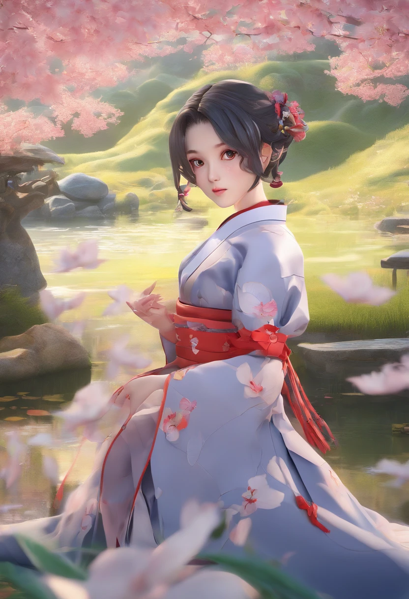 Extremely detailed and high-resolution masterpiece of Kocho Shinobu, the beautiful and deadly Demon Slayer in dynamic action. Add emphasis on the intricate details of her butterfly-themed outfit and the fierce expression on her face. Set the scene at twilight, with a serene pond and cherry blossom petals in the background. Use rich colors and volumetric light to create a sense of ethereal beauty and power.