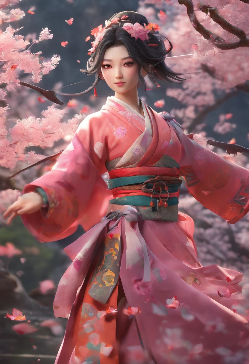 Extremely detailed and high-resolution masterpiece of Kocho Shinobu, the beautiful and deadly Demon Slayer in dynamic action. Add emphasis on the intricate details of her butterfly-themed outfit and the fierce expression on her face. Set the scene at twilight, with a serene pond and cherry blossom petals in the background. Use rich colors and volumetric light to create a sense of ethereal beauty and power.