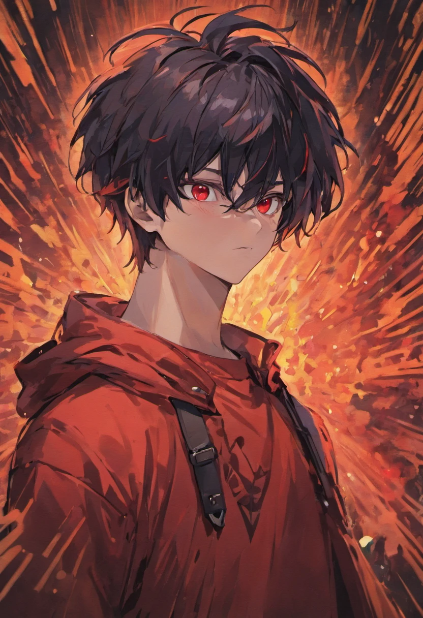 A man 16 years old with black hair and red eyes