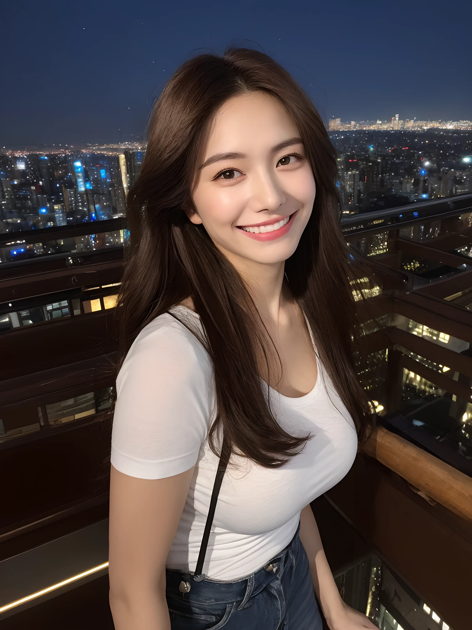 ((mid night、top-quality、8k、​masterpiece:1.3)), full bodyesbian, long legged, foco nítido:1.2, Beautiful woman with perfect body shape:1.4, Slender Abs:1.1, ((dark brown  hair、huge tit:1.2)), (White tight t-shirt、Jean Bib, is standing:1.2), ((Night City View、On the rooftop:1.3)), Highly detailed facial and skin texture, A detailed eye, 二重まぶた、mouth Closed smile