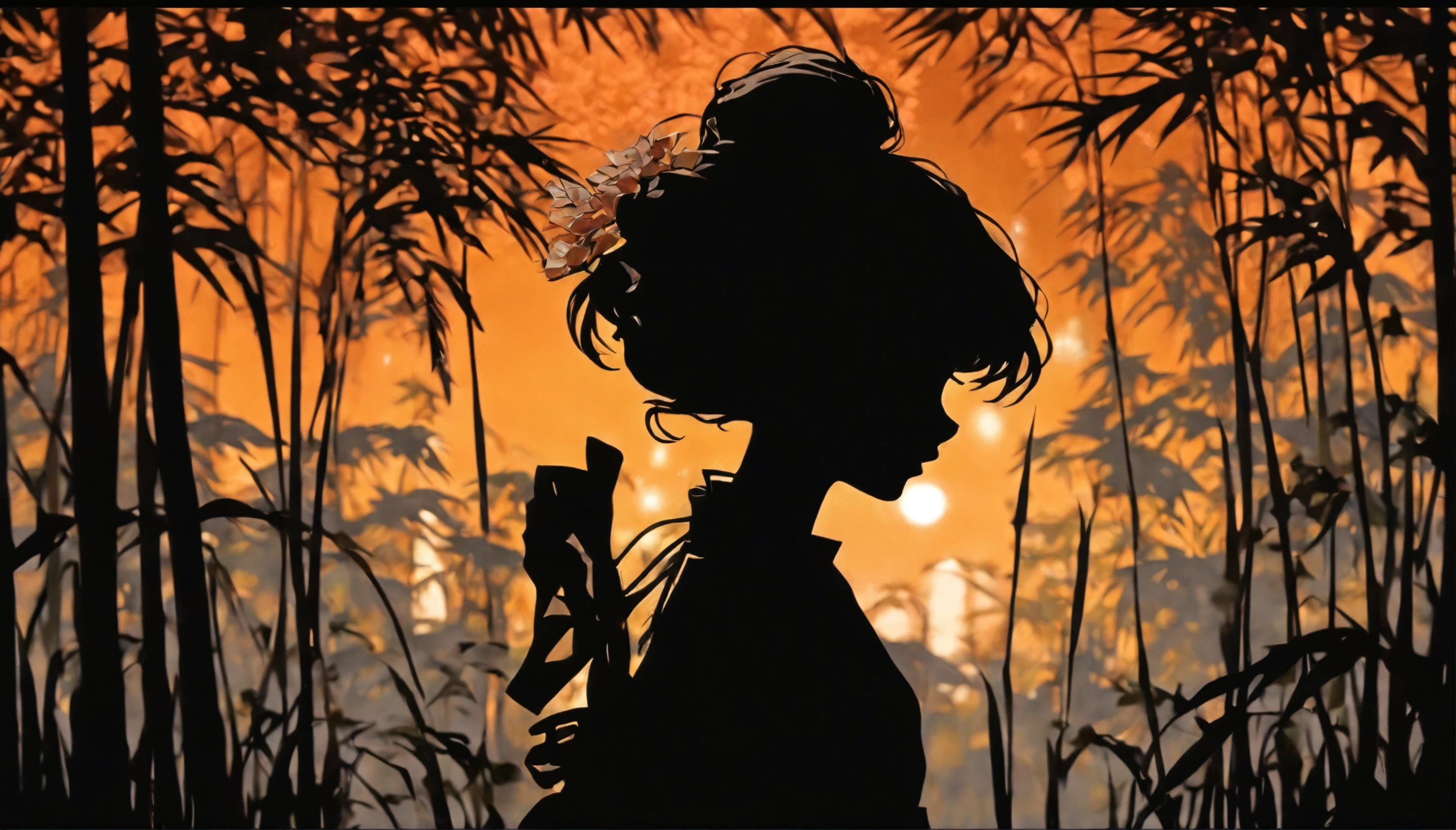 (Silhouette Art,cutouts:1.6)
(((Paper cutting art,A world where only black exists:1.3)
(Cowboy Shot),1 girl,Solo,
(Kimono Girl,profile:1.2),white, Clear and beautiful face,
BREAK
(Gray Japanese pampas grass)
Textured glass background,