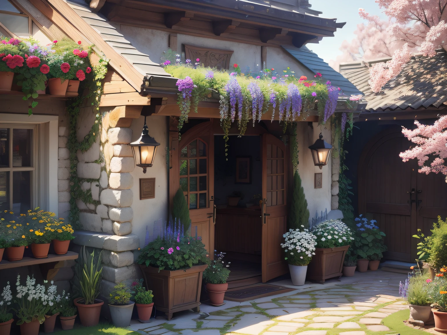catss, trpical garden, florals, and the sun was shining brightly, exteriors, the detail, 4K, k hd, high high quality