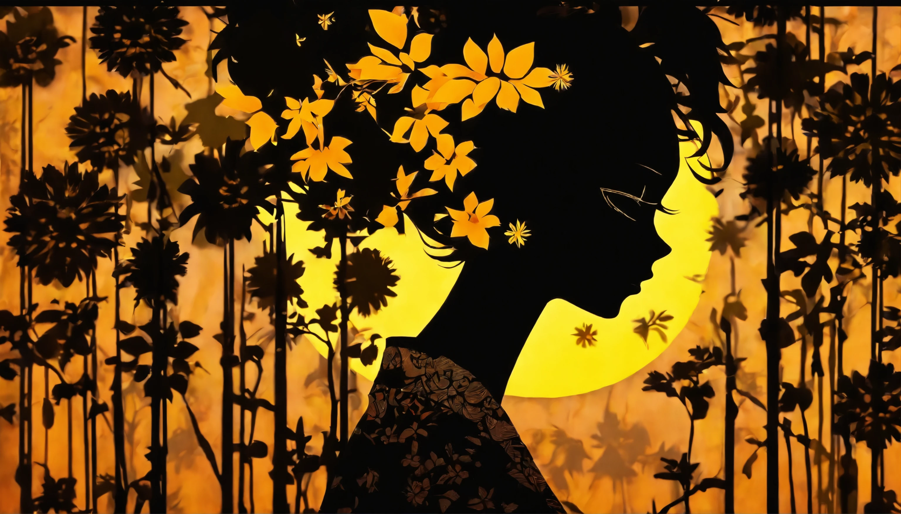 (Silhouette Art,cutouts:1.6)
(((Paper cutting art,A world where only black exists:1.3)
(Cowboy Shot),1 girl,Solo,
(Kimono Girl,profile:1.2),white, Clear and beautiful face,
BREAK
(Yellow sunflower single flower)
Textured glass background,