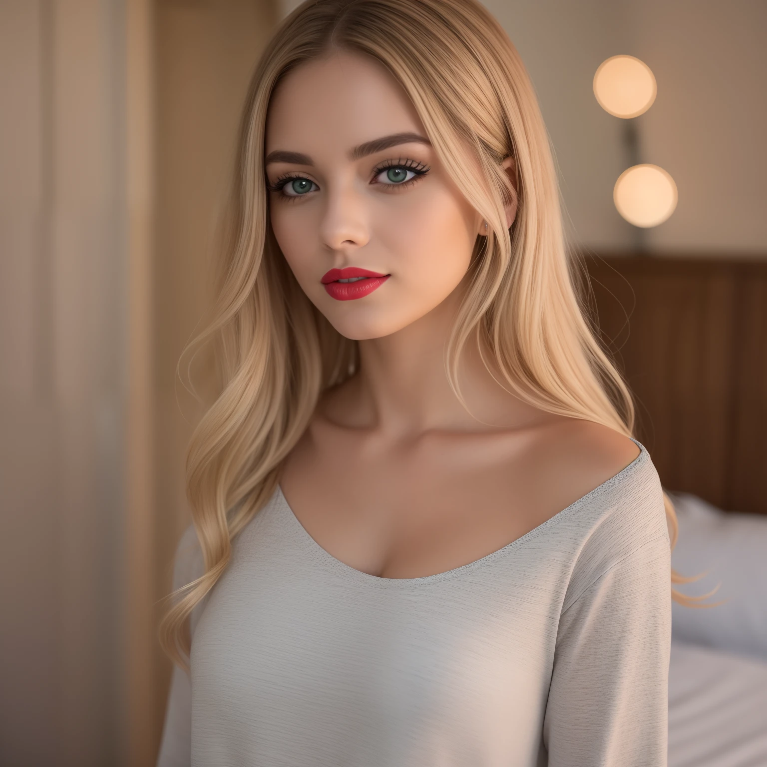 8k photography of a woman, Uma mulher jovem e bonita, blonde hair that falls gently in waves up to the shoulders, altura mediana, olhos grandes e verdes, pele clara, she's in her pyjamas, ela esta em sua cama, fazendo cuidados com a pela antes de dormir, The environment is illuminated with lights of warm and pleasant colors making your hair shine, seu semblante esta naturalmente sereno, lips with red lipstick, Textura 8K, altamente detalhados, realista, soft  Cinematic Light, HDR, sharp fokus, obra-prima, fotorrealista, fotografia premiada, Canon EOS R5, 35 mm