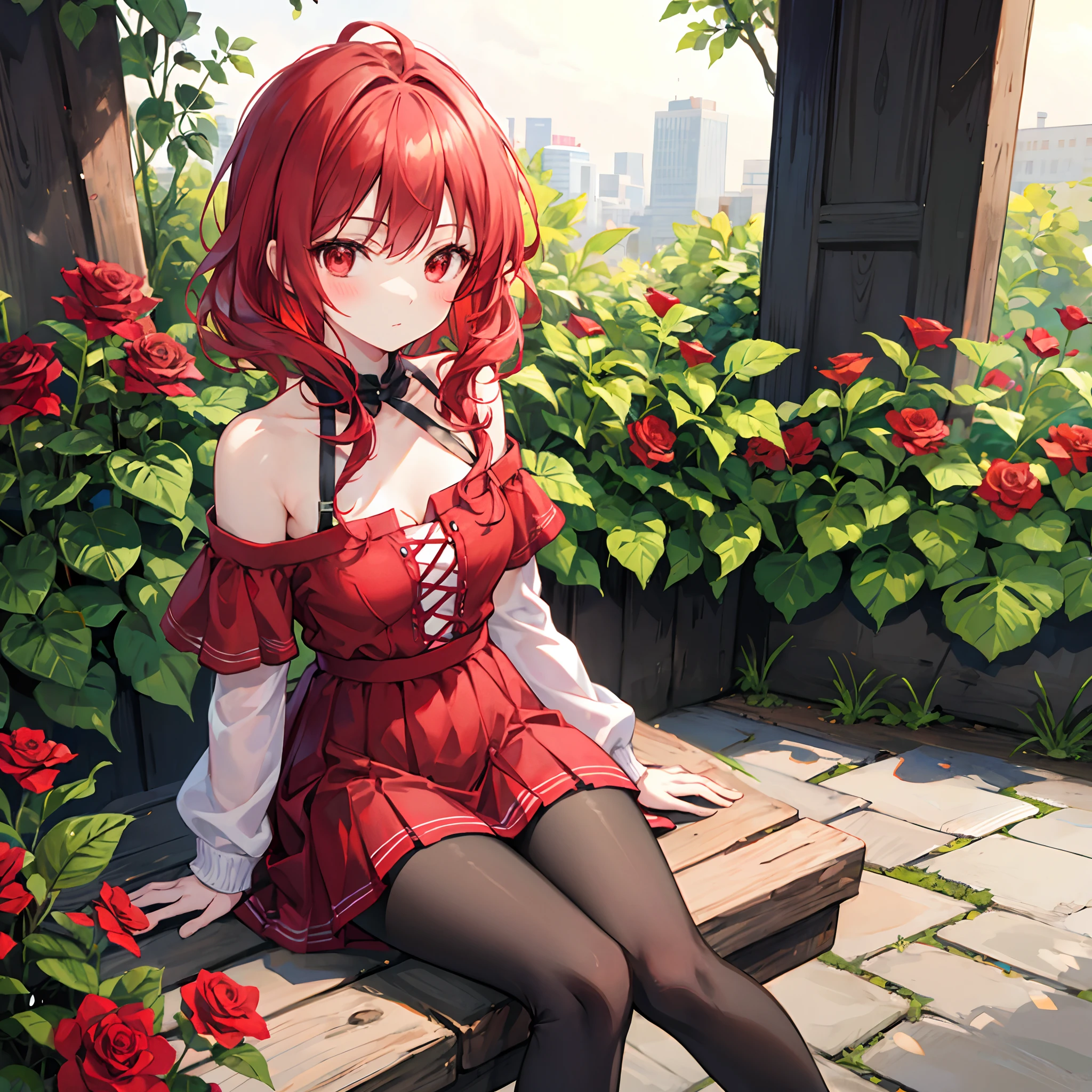 wavy red hair、red eyes、Beautiful girl alone、Bright red dress、off shoulders、a miniskirt、Black tights、sitting on、Bright Red Rose Garden