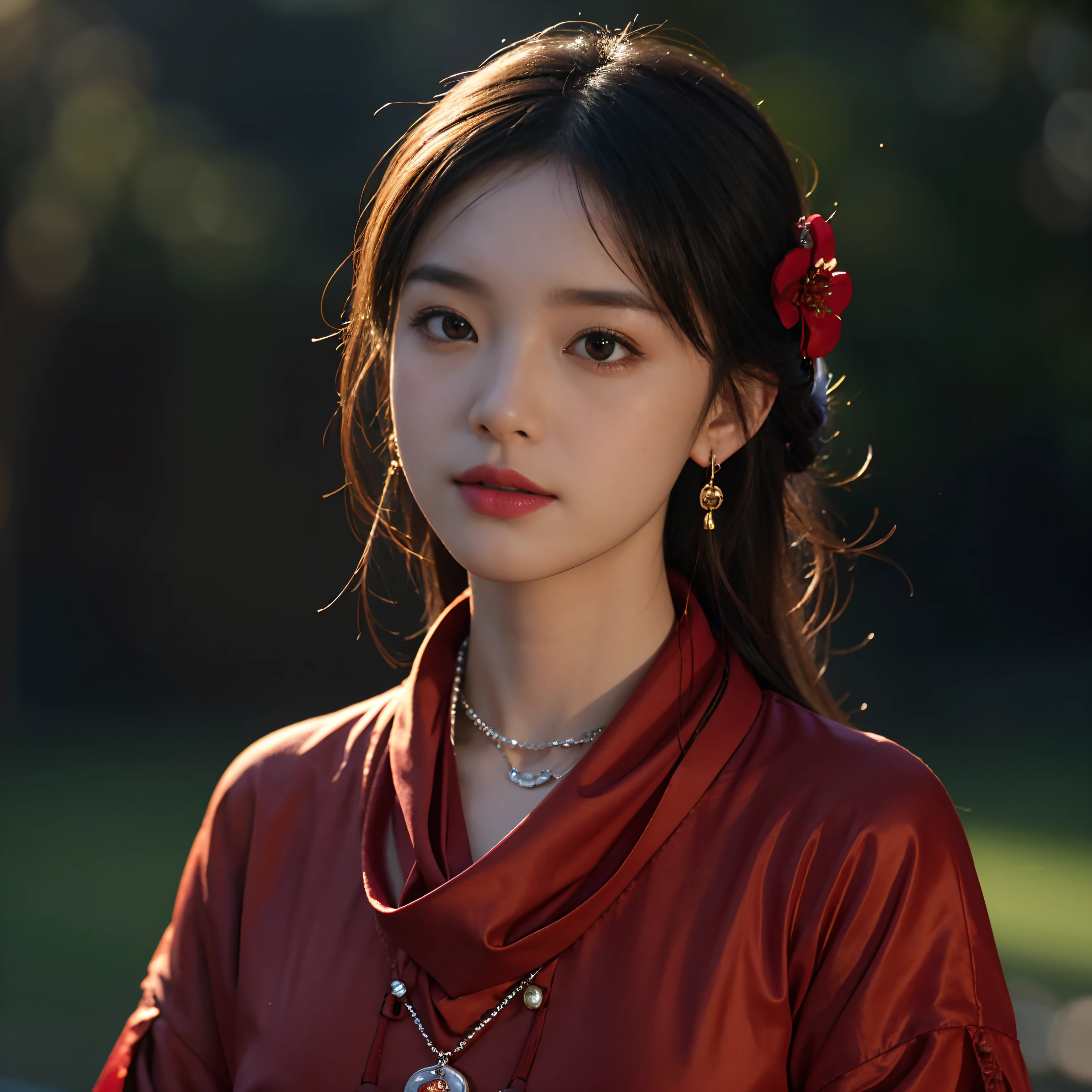 Best Quality, masutepiece, hight resolution, 1girl in, Photograph the whole body,china hanfu,Background of Chinese Architect, red scarf, Hair Ornament,Necklace, Jewelry,Beautiful face,Inserting a into the_Body, Tindall Effect,Photorealistic, Dark Studio, Rim lighting, two tone lighting,(High detailed skin:1.2), Digital SLR, Soft lighting, High quality, Volumetric lighting, Candid, photograph, High resolution, 4K, 8K, Bokeh,Red Dress Girl