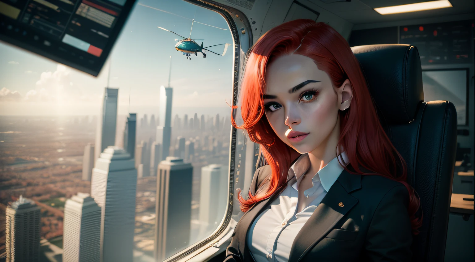 Girl with red hair in office suit sitting in a sci-fi helicopter, skyscrapers around