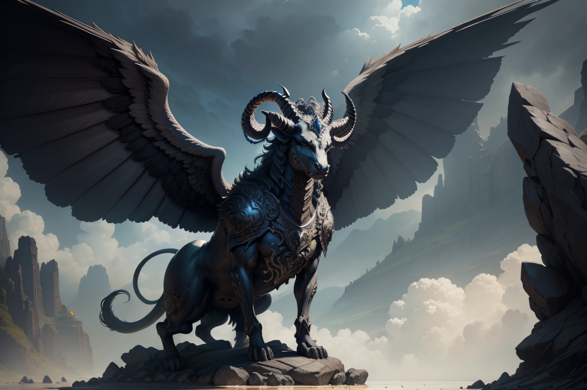 masterpiece, digital art, fantasy art, Stone statue of a mythological creature, with wings, horns, and a fierce expression, highly detailed, dramatic lighting, intense and otherworldly, trending on artstation, frontpage of artstation,