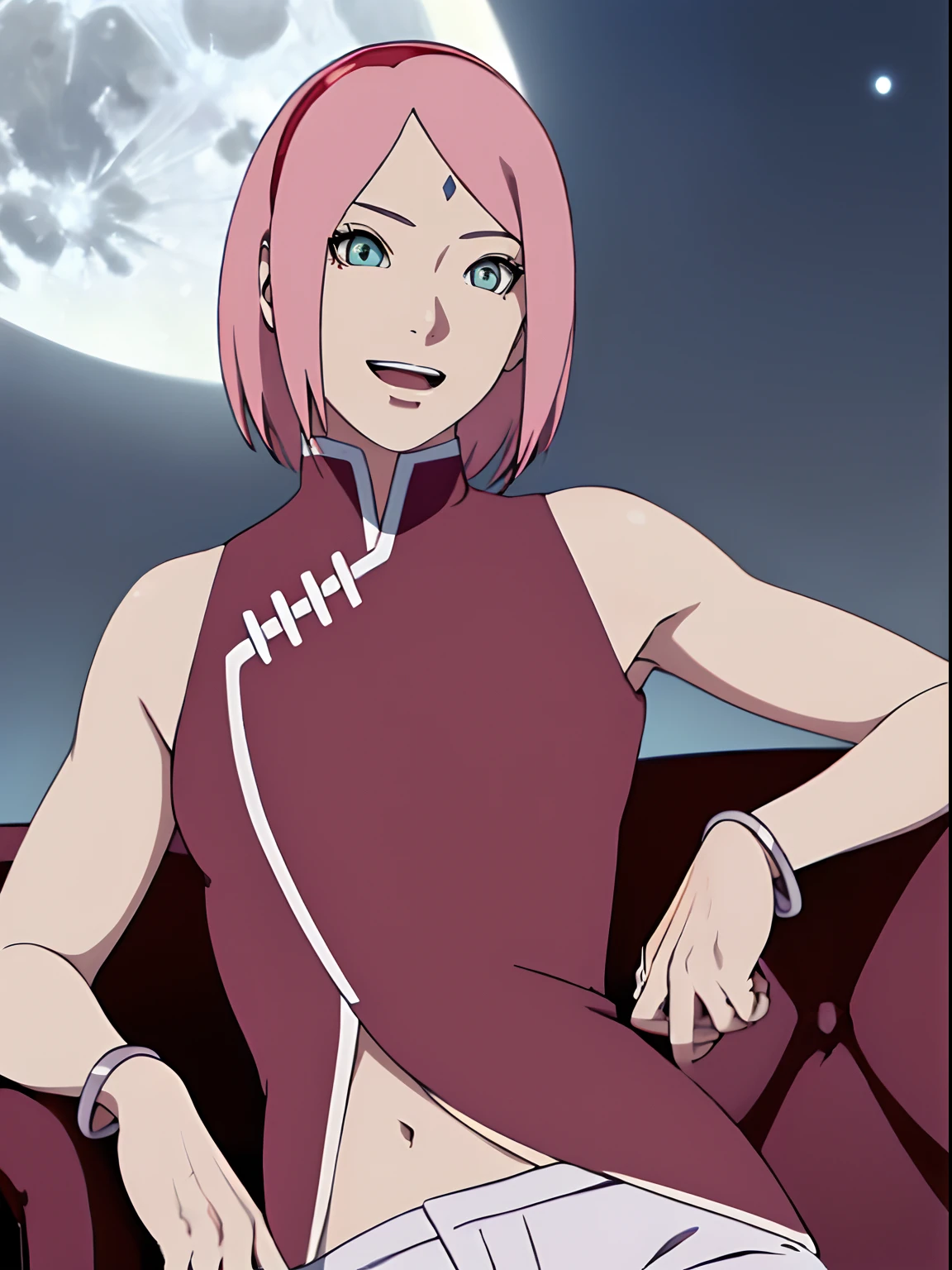 masterpiece, 4k, portrait, cowboy shot, (night, moon background), professional artwork, intricate details, colorful, digital blending, (ultra detailed body, ultra detail hair, ultra detail face), trending on pixiv, kind smile, best quality, anime style: 1.9, 1girl, hires, haruno sakura, (forehead mark, milf, red hairband, pale skin, (small breasts), short hair, ((red sleeveless dress,), white pants), (navel, belly button, slender body, slender belly, bracelet, pink hair, (open mouth), big eyes), smile, beach, wind, floating hair, detailed arms, off-shoulders, broad shoulders, (little muscular arms, little strong biceps), armpit on couch, rips, , fancy couch, relaxing, (hand leaning on couch, laying, talking, looking at the viewer, (talking , milf, 30 years old woman))