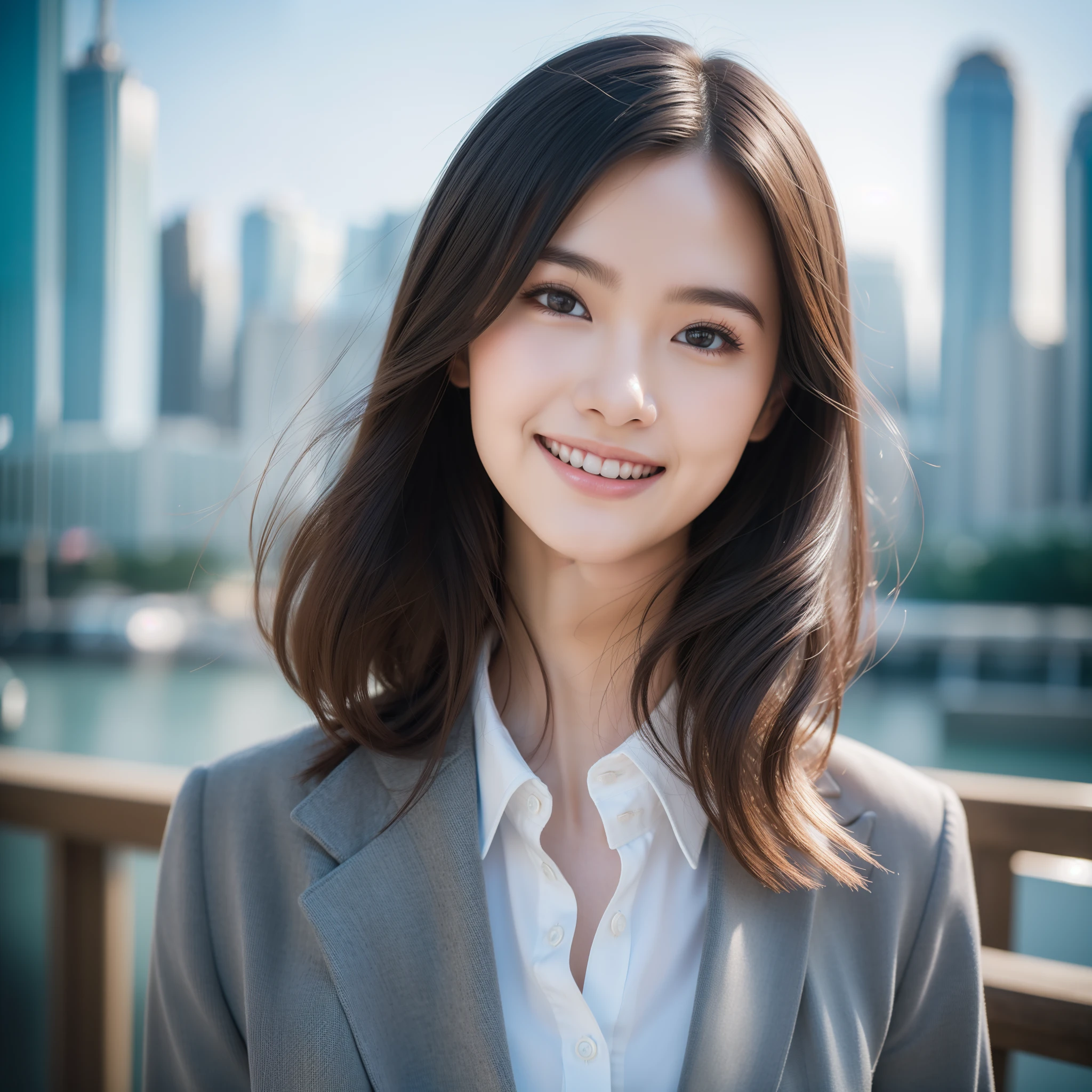 top-quality, ​masterpiece, (Photorealsitic:1.4), ultra-detailliert, Raw photo, 1girl in, 独奏, A smile, Dressed in a suit, portlate, a closeup, City Background, natural soft light, bokeh dof