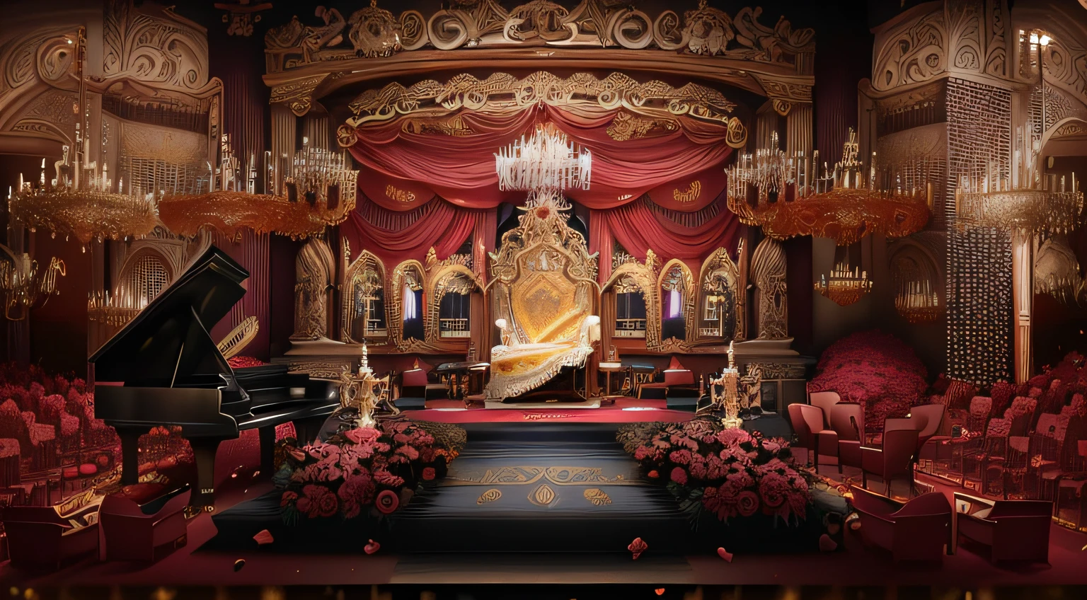 Close-up of the piano and horse stage, exquisitely designed throne room, decadent throne room, luxurious wedding, detailed set design, Gorgeous and complex background, elaborate stage effects, ornate backdrop, Throne Room, palatial scene, royal interior, stunning arcanum backdrop, lavishly decorated, rendering of beauty pageant, Luxurious Rococo Baroque setting,depth of fields,