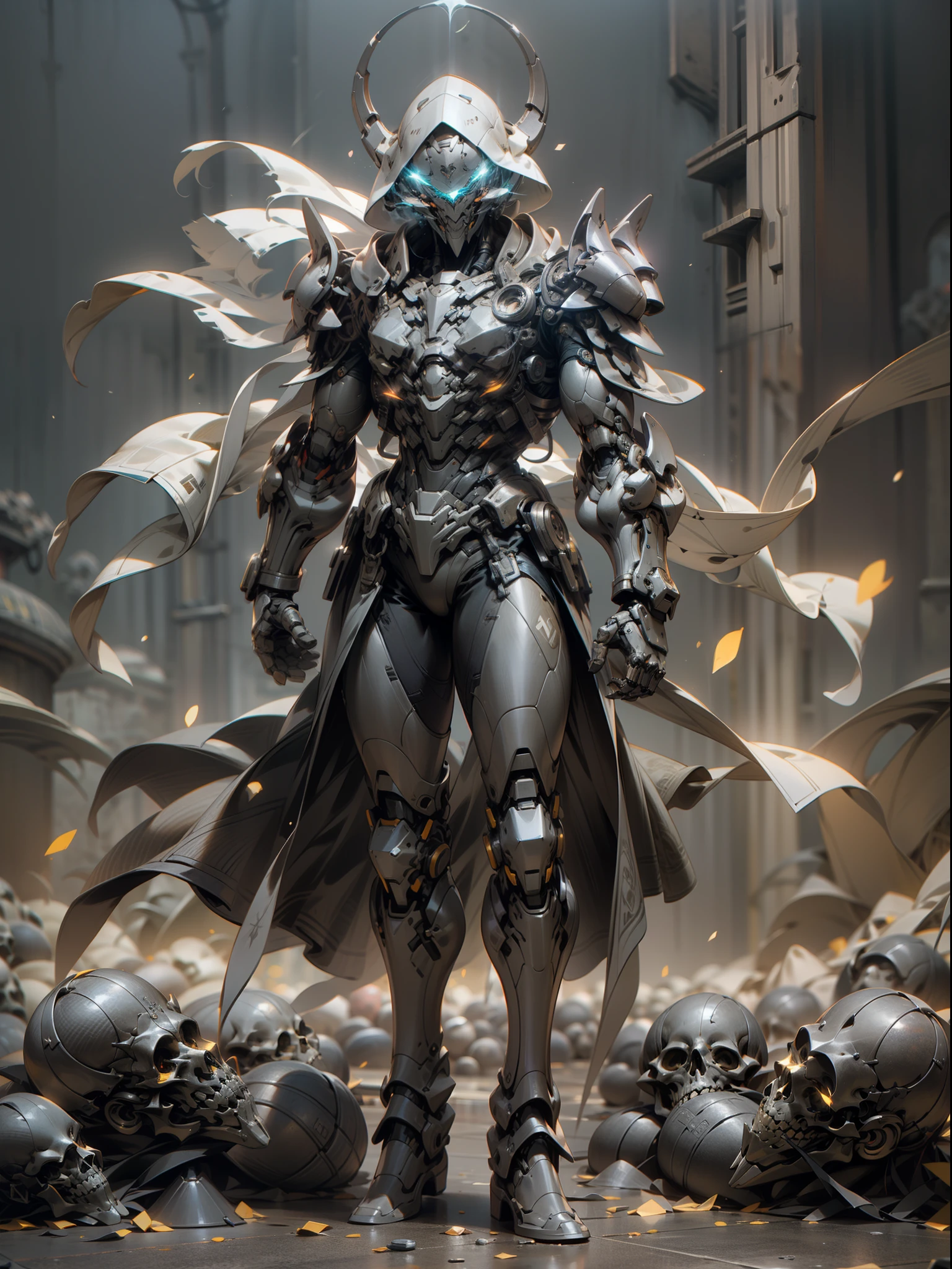 Wizard, ghost hunter who is proficient in chemical and pharmaceutical spells, magic surrounds the whole body, magical spells, complex potion bottles scattered on the ground, skulls fall to the ground, super cool ghost hunter, male, magician, long cloak, with veil, wearing blue mechanical armor, glowing blue eyes, perfect body proportions, full body shot, super detail, IP by pop mart, edge light, avatar, octane rendering, blender, clean black background, 3d, c4d, best quality, very detailed, Ancient Technology, HDR (High Dynamic Range), Ray Tracing, NVIDIA RTX, Super Resolution, Unreal 5, Subsurface Scattering, PBR Texture, Post Processing, Anisotropic Filtering, Depth of Field, Maximum Clarity and Acutance, Multilayer Textures, Albedo and Highlight Maps, Surface Shading, Accurate Simulation of Light-Material Interactions, Perfect Proportions, Octane Rendering, Two-tone Lighting, Low ISO, White Balance, Rule of Thirds, Wide Aperture, 8K RAW, High Efficiency Sub-Pixel, Subpixel Convolution, Glowing Particles, Light scattering, Tyndall effect