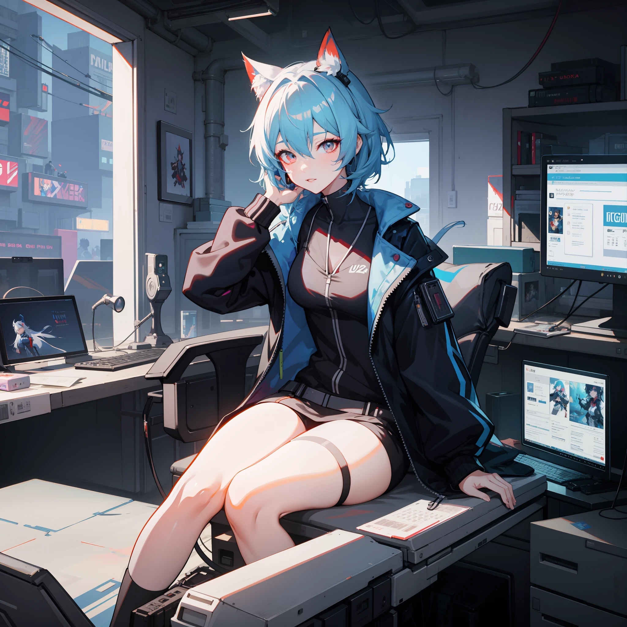 anime character sitting on a desk with a computer and a monitor, digital cyberpunk anime art, best anime 4k konachan wallpaper, trending on artstation pixiv, anime style 4 k, digital cyberpunk - anime art, guweiz on pixiv artstation, from arknights, cyberpunk anime girl, guweiz on artstation pixiv