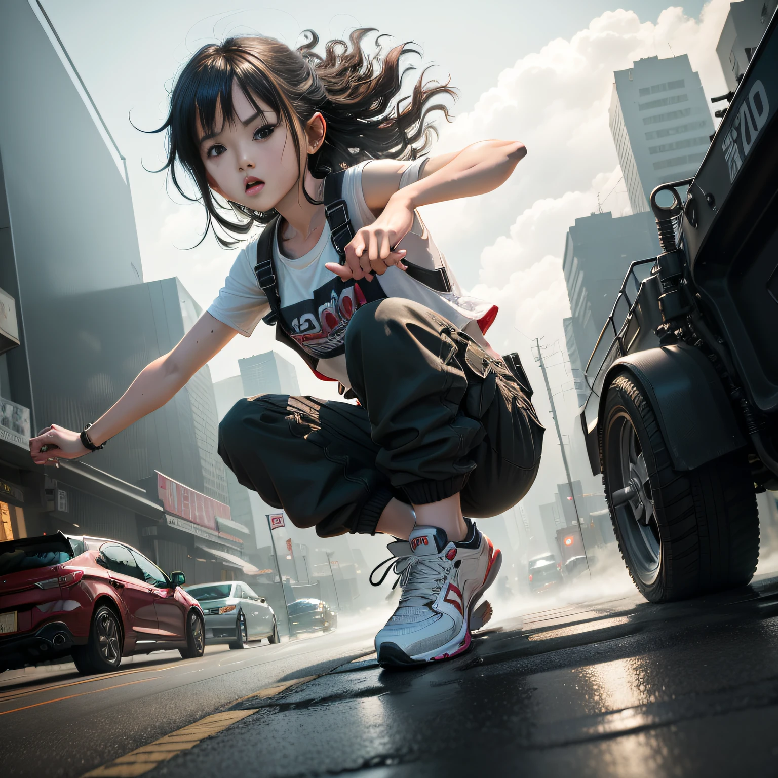 Dance、Artistic jump、break dance、Strenuous movements、vibrancy、Cyberpunk Style、Blade Runner vibe、Steam flows from exhaust outlets on the road surface、The road surface is wet、独奏、Fluttering hair、Cute Baby Turtle、Beautuful Women、a small face、white skinned、hason、young 17 years old、Bright smile、Half-open mouth、White teeth are visible、(Gradient of black-red hair、Long messy hair)、(cargo pants、vests、White sneakers)、(delicate detailed fingers、Detailed body、detailed arms、human hand)、(Detailed face) 、(8K、top-quality: 1.4、tmasterpiece、 hyper HD、 Top resolution,、The is very detailed、 profesional lighting、 Gray light illumination、low angle from below、Blow steam into the landscape、Fog in the landscape、Foggy、
