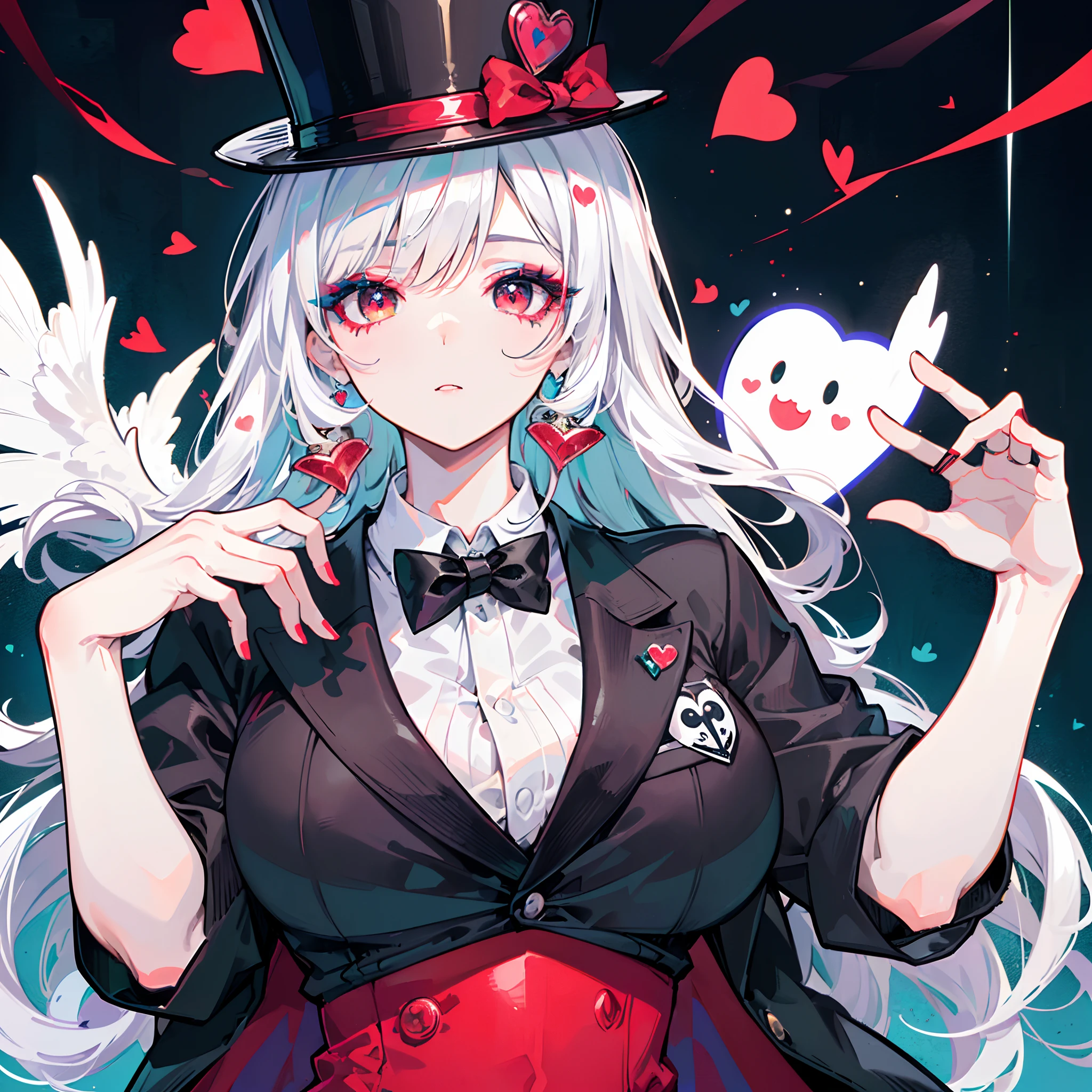 ((Masterpiece)), ((Best Quality)), ((Best Quality)), (Illustration of One Girl), Emerald Green Long Hair, (((Tall)), (White Skin), Red Eyes, Blue Eyeliner, ((Makeup with a heart symbol around the left eye)), ((Tuxedo)), (Top Hat)), Clown, (Circus)