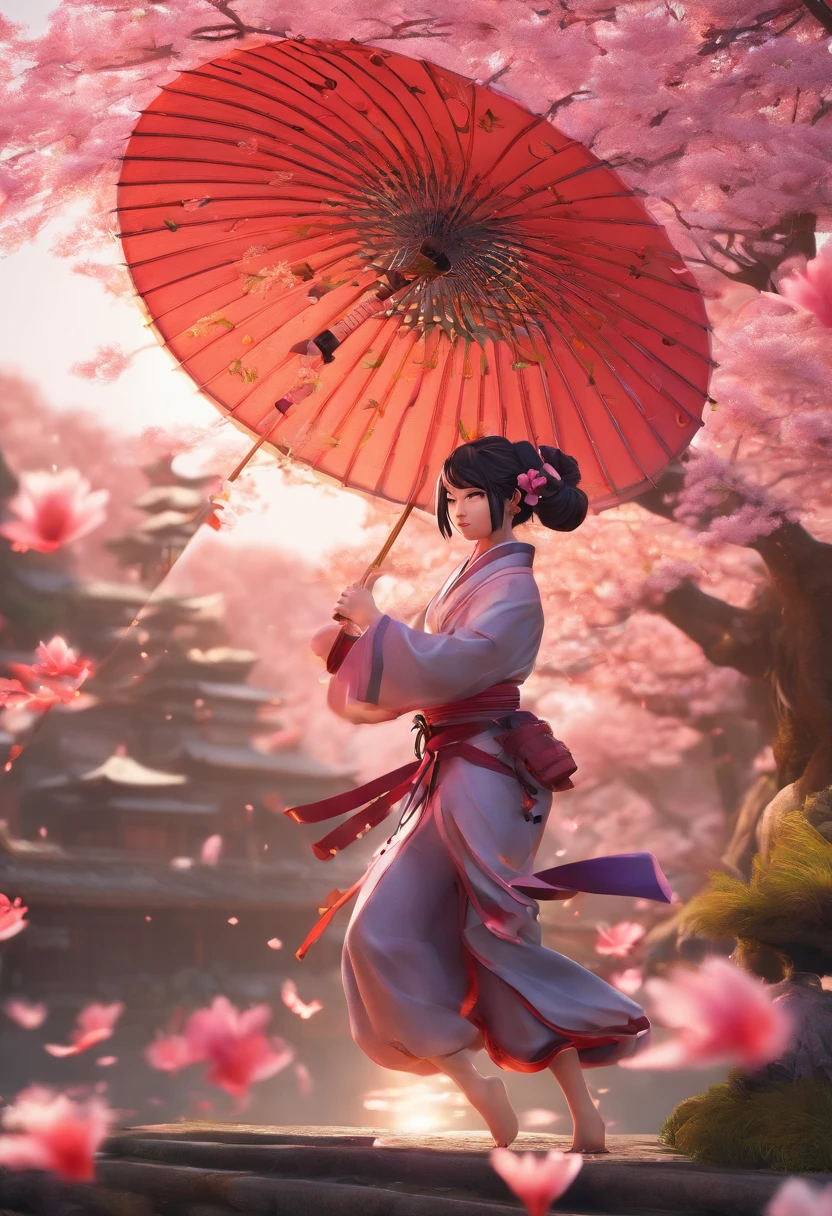 Extremely detailed and high-resolution masterpiece of Kocho Shinobu, the beautiful and deadly Demon Slayer in dynamic action. Add emphasis on the intricate details of her butterfly-themed outfit and the fierce expression on her face. Set the scene at twilight, with a serene pond and cherry blossom petals in the background. Use rich colors and volumetric light to create a sense of ethereal beauty and power. Ninjutsu power, kagura style, use flying umbrella weapons