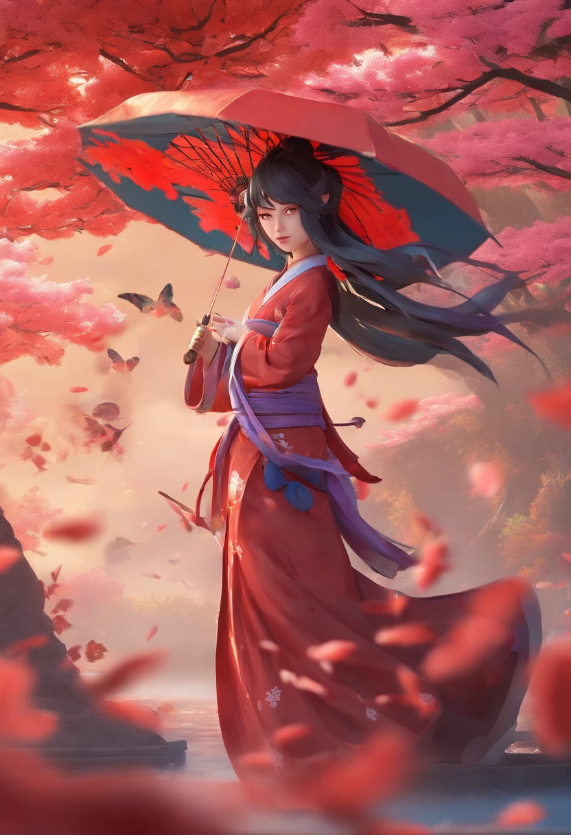 Extremely detailed and high-resolution masterpiece of Kocho Shinobu, the beautiful and deadly Demon Slayer in dynamic action. Add emphasis on the intricate details of her butterfly-themed outfit and the fierce expression on her face. Set the scene at twilight, with a serene pond and cherry blossom petals in the background. Use rich colors and volumetric light to create a sense of ethereal beauty and power. Ninjutsu power, kagura style, use flying umbrella weapons