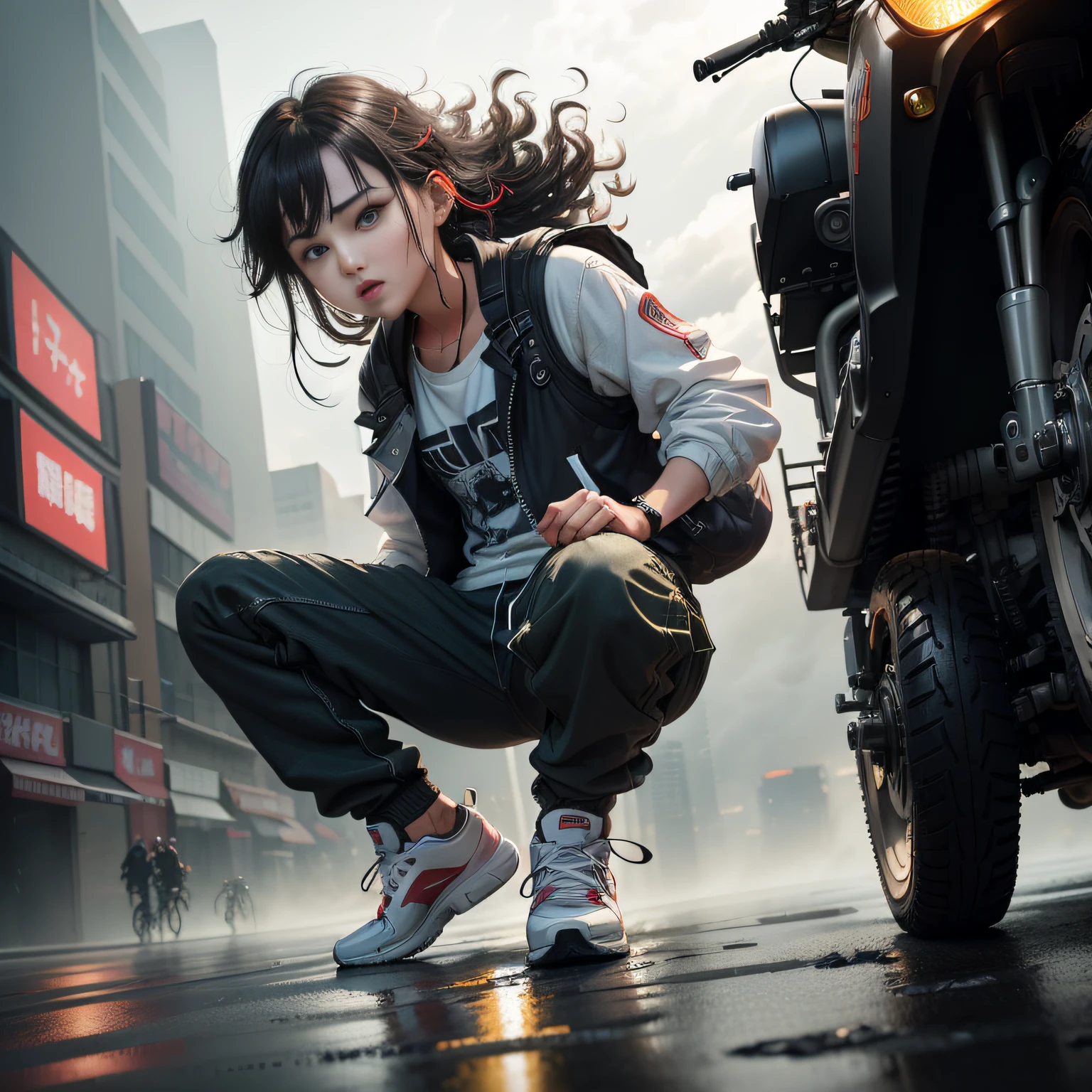 Dance、Artistic jump、break dance、Strenuous movements、vibrancy、Cyberpunk Style、Blade Runner vibe、Steam flows from exhaust outlets on the road surface、The road surface is wet、独奏、Fluttering hair、Cute Baby Turtle、Beautuful Women、a small face、white skinned、hason、young 、Bright smile、Half-open mouth、White teeth are visible、(Gradient of black-red hair、Long messy hair)、(cargo pants、vests、White sneakers)、(delicate detailed fingers、Detailed body、detailed arms、human hand)、(Detailed face) 、(8K、top-quality: 1.4、tmasterpiece、 hyper HD、 Top resolution,、The is very detailed、 profesional lighting、 Gray light illumination、low angle from below、Blow steam into the landscape、Fog in the landscape、Foggy、