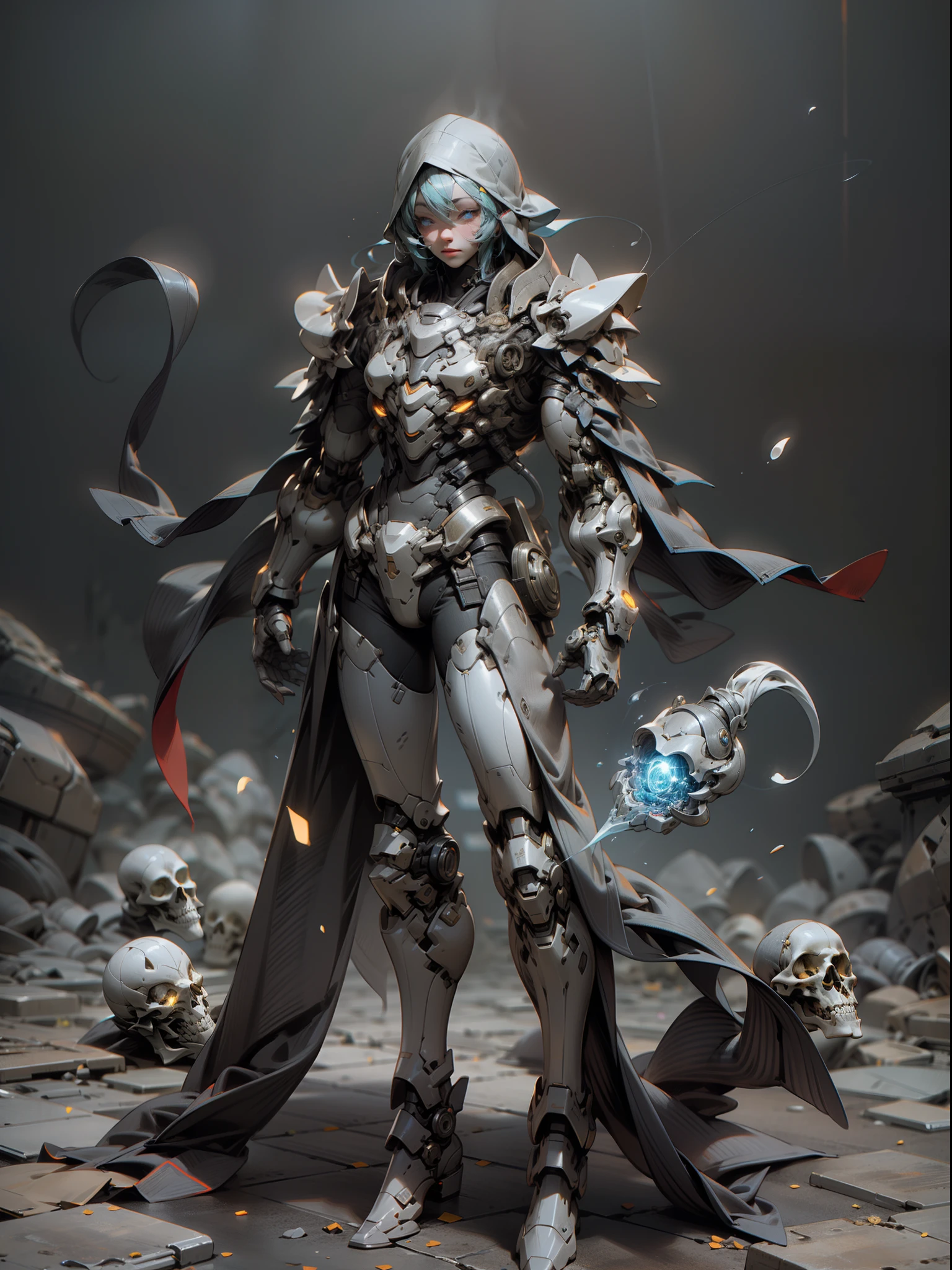 Wizard, ghost hunter who is proficient in chemical and pharmaceutical spells, magic surrounds the whole body, magical spells, complex potion bottles scattered on the ground, skulls fall to the ground, super cool ghost hunter, male, magician, long cloak, with veil, wearing blue mechanical armor, glowing blue eyes, perfect body proportions, full body shot, super detail, IP by pop mart, edge light, avatar, octane rendering, blender, clean black background, 3d, c4d, best quality, very detailed, Ancient Technology, HDR (High Dynamic Range), Ray Tracing, NVIDIA RTX, Super Resolution, Unreal 5, Subsurface Scattering, PBR Texture, Post Processing, Anisotropic Filtering, Depth of Field, Maximum Clarity and Acutance, Multilayer Textures, Albedo and Highlight Maps, Surface Shading, Accurate Simulation of Light-Material Interactions, Perfect Proportions, Octane Rendering, Two-tone Lighting, Low ISO, White Balance, Rule of Thirds, Wide Aperture, 8K RAW, High Efficiency Sub-Pixel, Subpixel Convolution, Glowing Particles, Light scattering, Tyndall effect