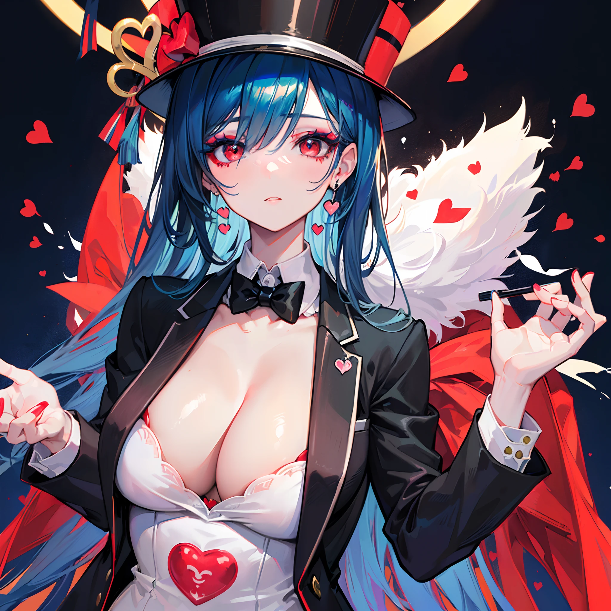 ((Masterpiece)), ((Best Quality)), ((Best Quality)), (Illustration of One Girl), Emerald Green Long Hair, (((Tall)), (White Skin), Red Eyes, Blue Eyeliner, ((Makeup with a heart symbol around the left eye)), ((Tuxedo)), (Top Hat)), Clown, (Circus)