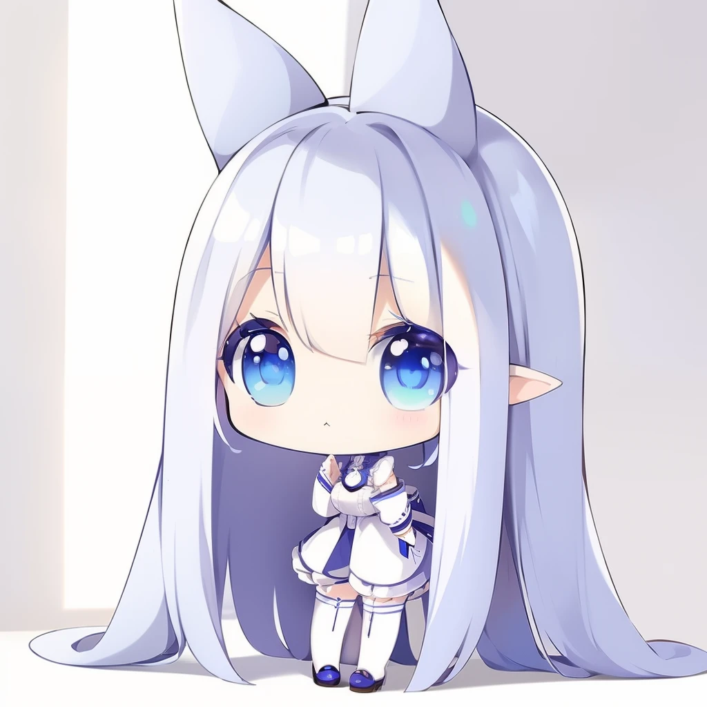 masterpiece、detaileds、Soft lighting、white and long ears、Goth rabbit girl with long white hair、Blue-eyed chibi、white backgrounid、simple background、Pencil、