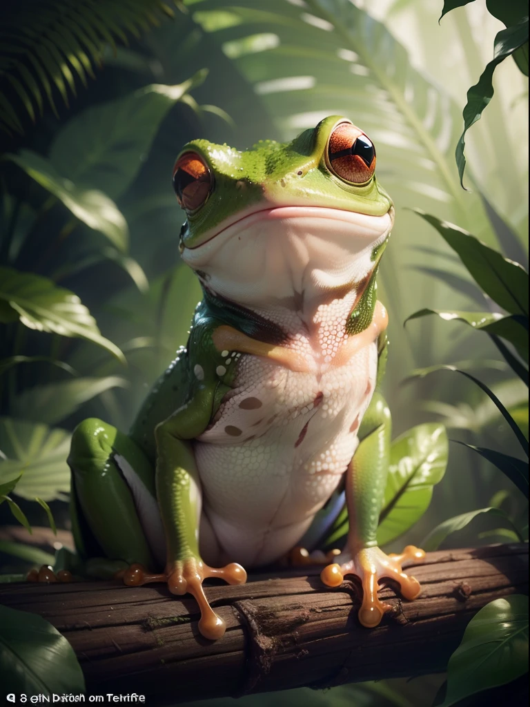 Create an imaginative artwork featuring a tree frog with an extraordinarily long tongue, gazing intently at its prey. Visualize a lush, vibrant rainforest setting with intricate foliage and vibrant colors. Capture the moment of suspense as the frog extends its remarkable tongue to catch its prey. Emphasize the unique and intriguing aspects of this creature's anatomy and behavior. This image should convey the fascinating world of rainforest wildlife