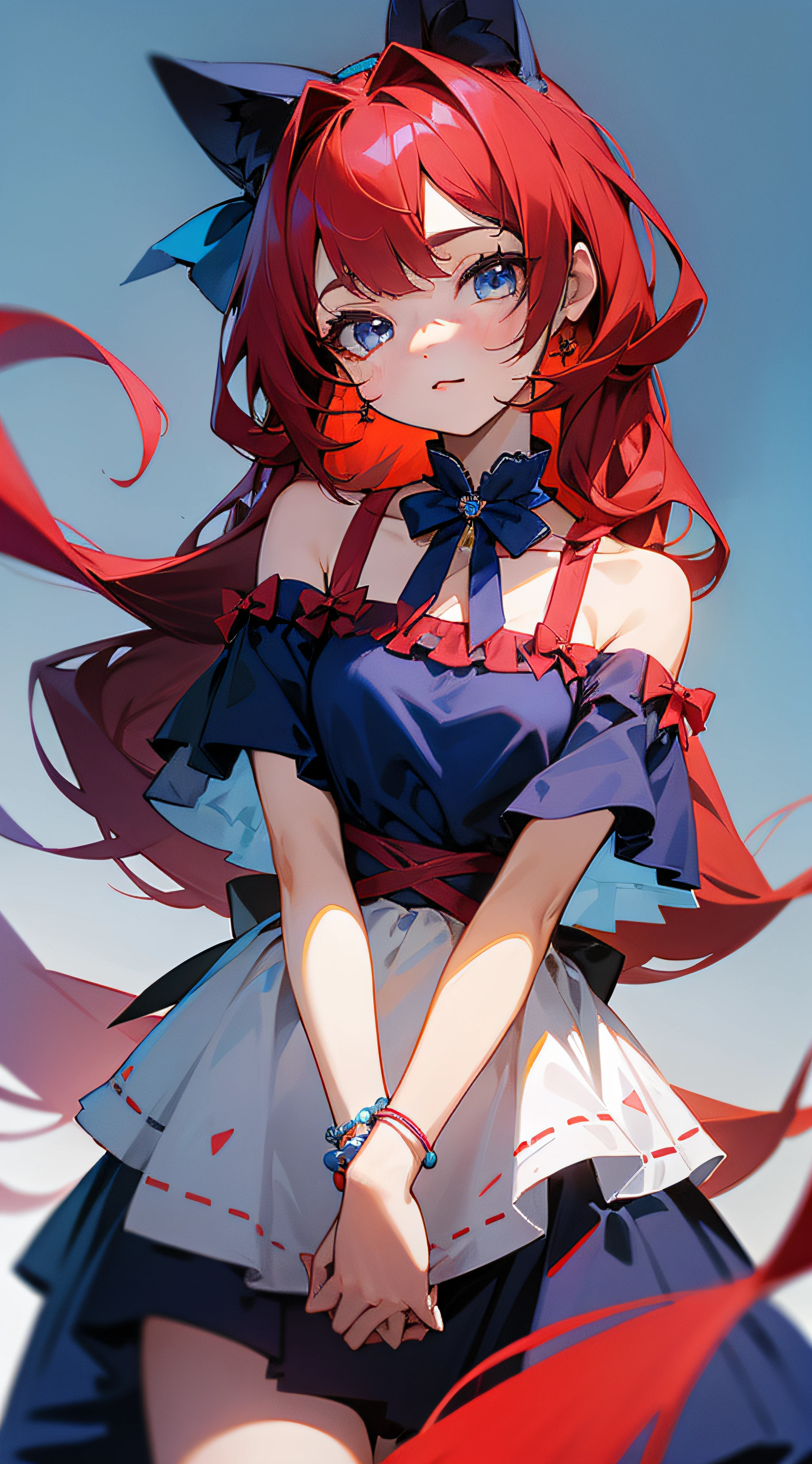 cute girl,Red long-haired,Off-the-shoulder short-sleeved dress,There are bows on the hair,There are cat ears behind the bow,Wear the bracelet with both hands,The eyes are royal blue