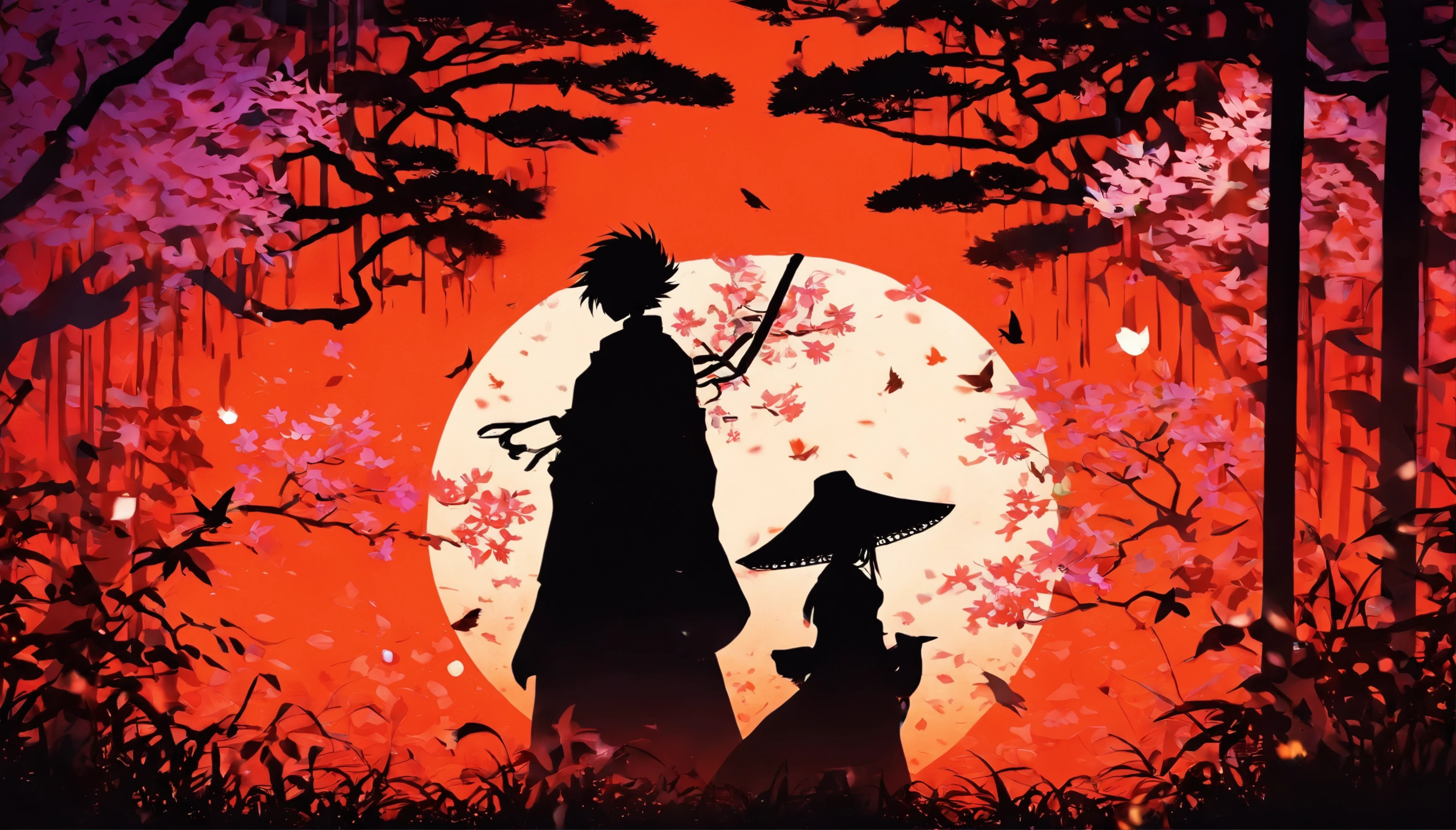 (Silhouette Art,cutouts:1.6)
(((Paper cutting art,A world where only black exists:1.3)
(Cowboy Shot),1 girl,Solo,
(Kimono Girl,profile:1.2),white, Clear and beautiful face,
BREAK
(Purple Moon、red spider lily、Countless Tombs)
Textured glass background,