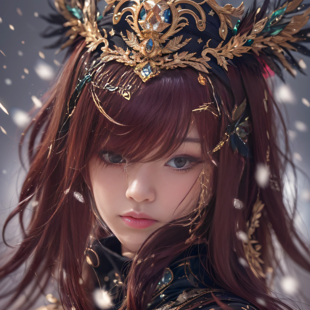 32K gradient glass texture(tmasterpiece,k hd,hyper HD,32K)Short burgundy hair,Short flowing hair,Onsen District,Flame Girl ,Yao Lang protector (realisticlying:1.4),Python pattern robe,Black gold master Kawashima work headdress,Snowflakes fluttering,The background is pure,Hold your head high,Be proud,The nostrils look at people, A high resolution, the detail, RAW photogr, Sharp Re, Nikon D850 Film Stock Photo by Jefferies Lee 4 Kodak Portra 400 Camera F1.6 shots, Rich colors, ultra-realistic vivid textures, Dramatic lighting, Unreal Engine Art Station Trend, cinestir 800,Hold your head high,Be proud,The nostrils look at people,Short burgundy hair