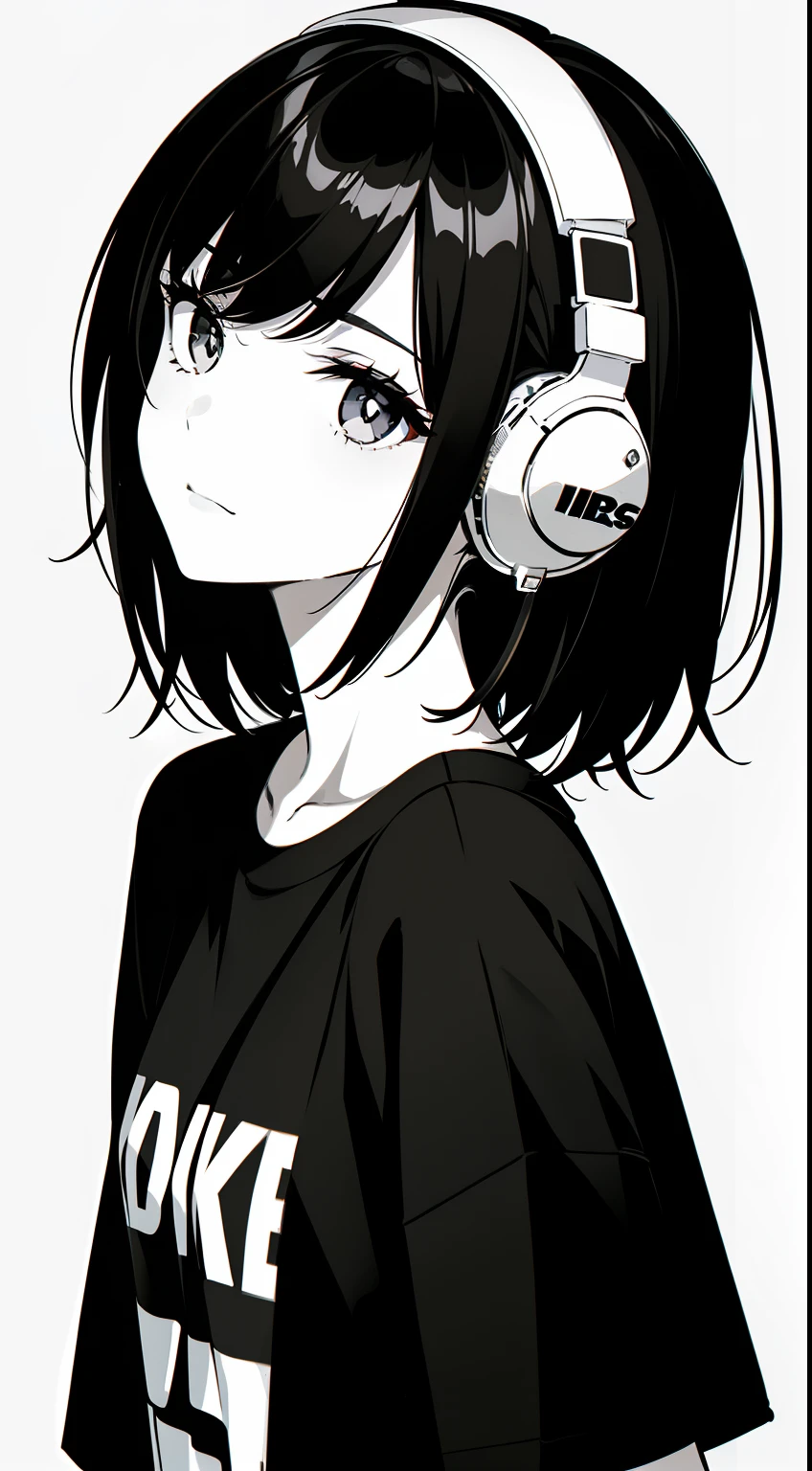 girl, side portrait, Black and white, Messy short hair, Edgy accessories,sporty style, Casual T-shirt, Confident gaze, Monochrome color scheme, Looking to the side, Chic street fashion, Casual hand pose in pocket,Head,((a person)),Over-ear headphones, Large ear cups,Luxurious long hair