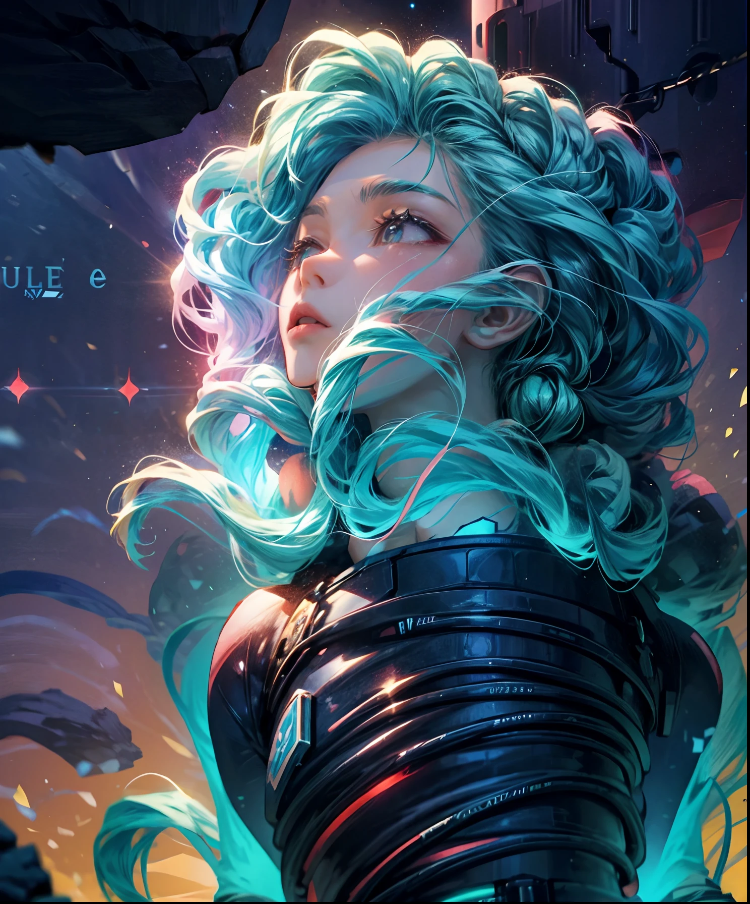 Describe a scene where a cute girl character is lying on a grassy hill, Looking up at the starry sky. Surround her with colorful nebulae and her favorite constellations.