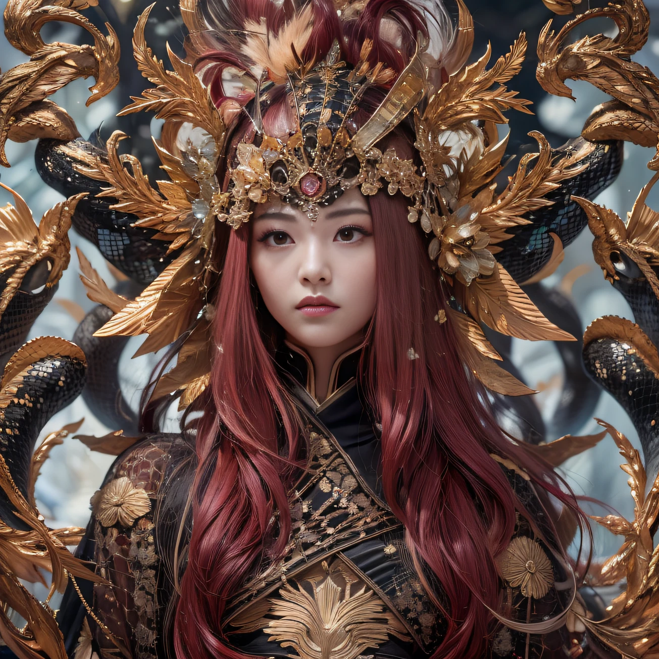 32K gradient glass texture(tmasterpiece,k hd,hyper HD,32K)Short burgundy hair,Short flowing hair,Onsen District,Flame Girl ,Yao Lang protector (realisticlying:1.4),Python pattern robe,Black gold master Kawashima work headdress,Snowflakes fluttering,The background is pure,Hold your head high,Be proud,The nostrils look at people, A high resolution, the detail, RAW photogr, Sharp Re, Nikon D850 Film Stock Photo by Jefferies Lee 4 Kodak Portra 400 Camera F1.6 shots, Rich colors, ultra-realistic vivid textures, Dramatic lighting, Unreal Engine Art Station Trend, cinestir 800,Hold your head high,Be proud,The nostrils look at people,Short burgundy hair