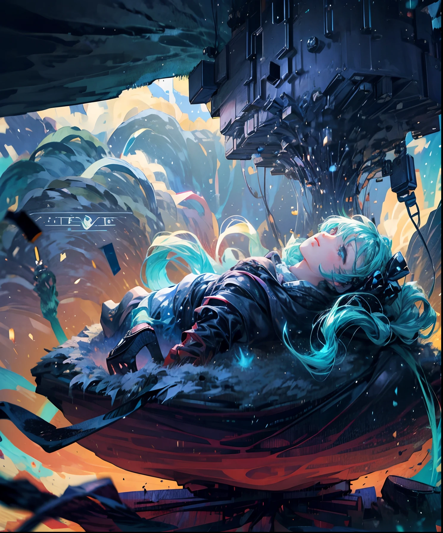 Describe a scene where a cute girl character is lying on a grassy hill, Looking up at the starry sky. Surround her with colorful nebulae and her favorite constellations.