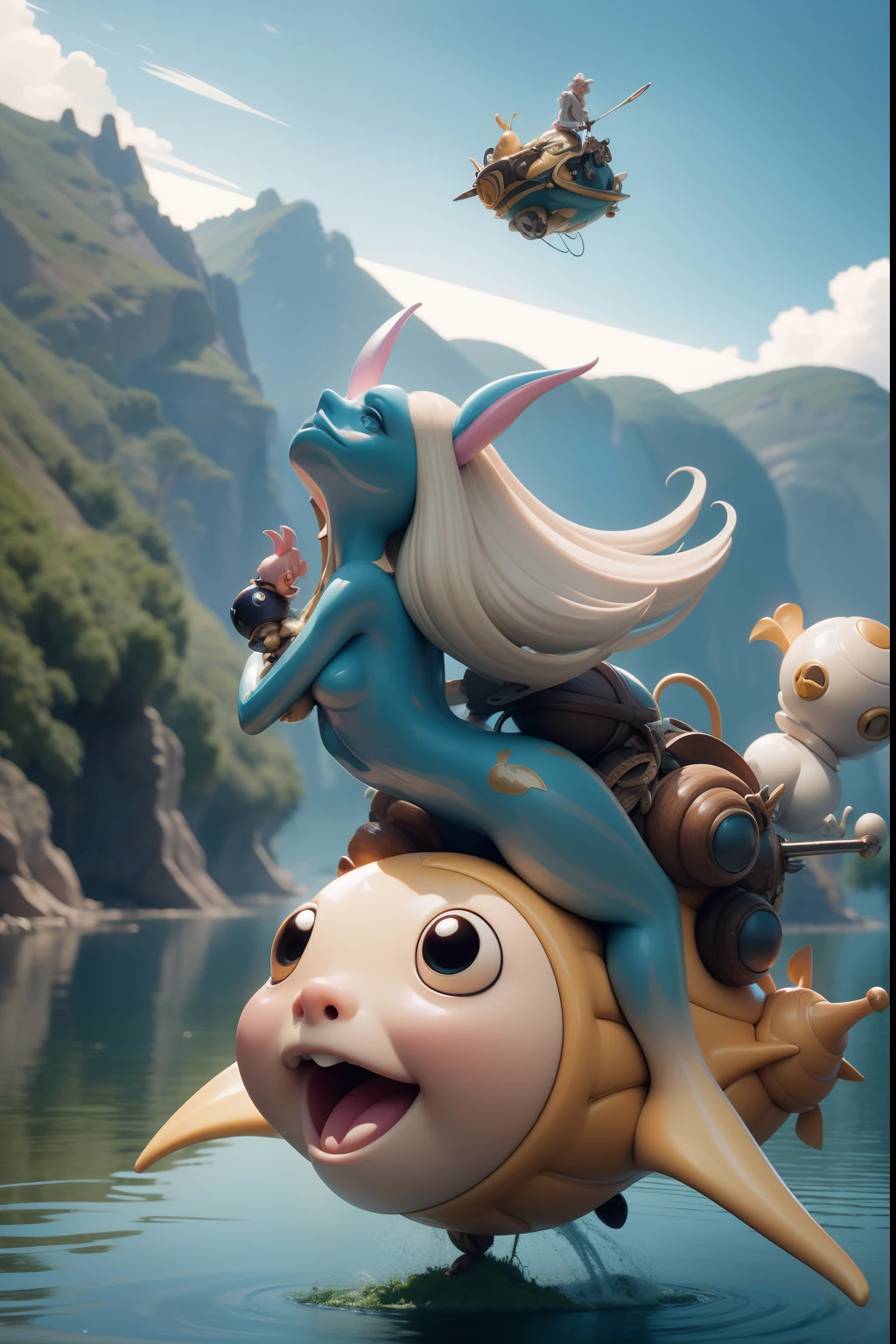 The fantasy world of Hieronymus Bosch with flying friendly huge mechanical snails. Riding a Snail - 2 Two Beautiful Sexy Alien Nude Girls. a closeup of a. Flying over the lake. splatter, laughter, merriment. All the characters of the wonderful and funny Disney Pixar cartoon. super realistic. Cinematic. Blurred background in motion. Light haze