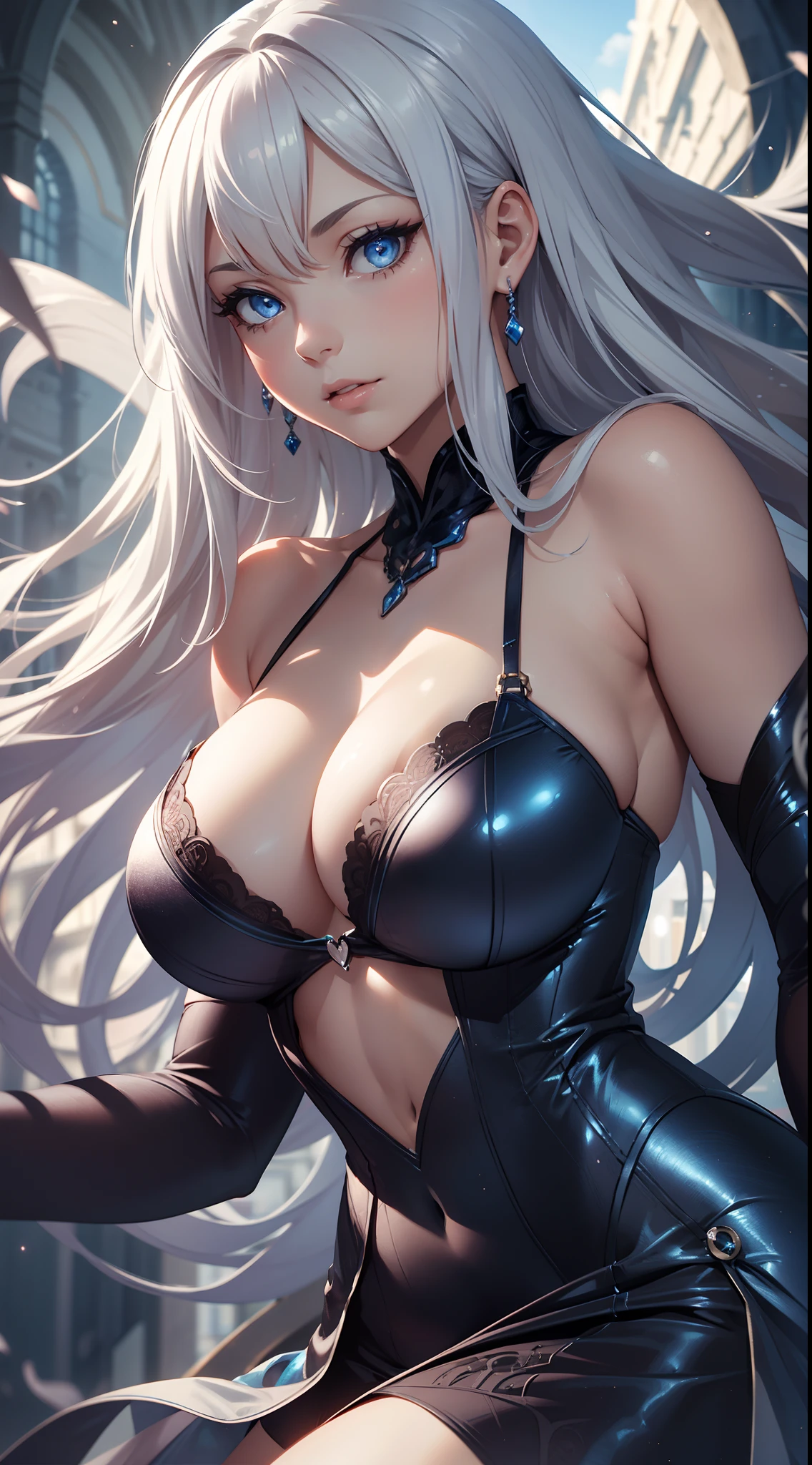 (masterpiece), best quality, an extremely sexy and beautiful, floating, high resolution, dynamic pose, (1 girl), silver hair, blue eyes, elegant dress, cloudy sky, ethereal, soft lighting, breasts, cleavage