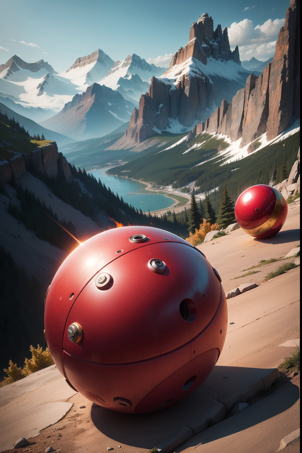 a red metal ball rolls down a rocky mountain towards the city