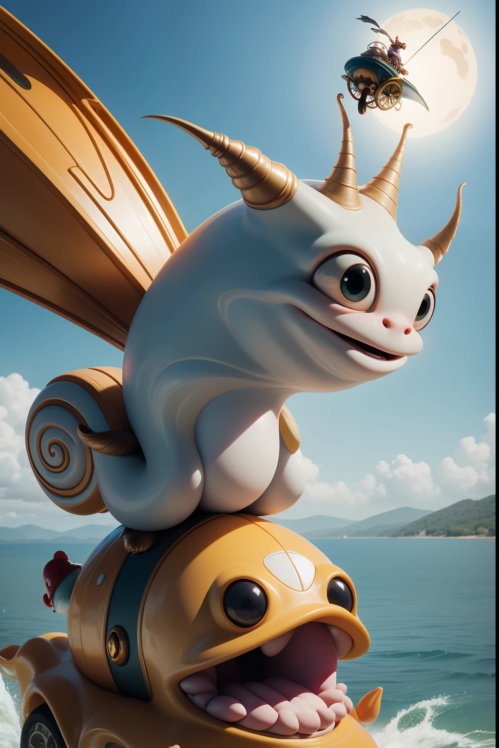 The fantasy world of Hieronymus Bosch with flying friendly huge mechanical snails. Riding a Snail - 2 Two Beautiful Sexy Alien Nude Girls. a closeup of a. Flying over the lake. splatter, laughter, merriment. All the characters of the wonderful and funny Disney Pixar cartoon. super realistic. Cinematic. Blurred background in motion. Light haze