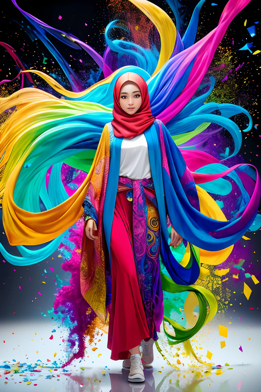(full body:1.2), (Smokexxx:1.4), 1 malay girl in hijab with really wild hair, (multicolored wavy hijab:1.2), ( Long hijab:1.2), (long wild hair:1.2), (multicolored hijab:1.9 ), wearing a long skirt, high contrast, Epic cinematic, soft studio lights, rim light, Absurd, Amazing, Funny, itricated, hyper detailed, ultra realistic, soft colors, 8k