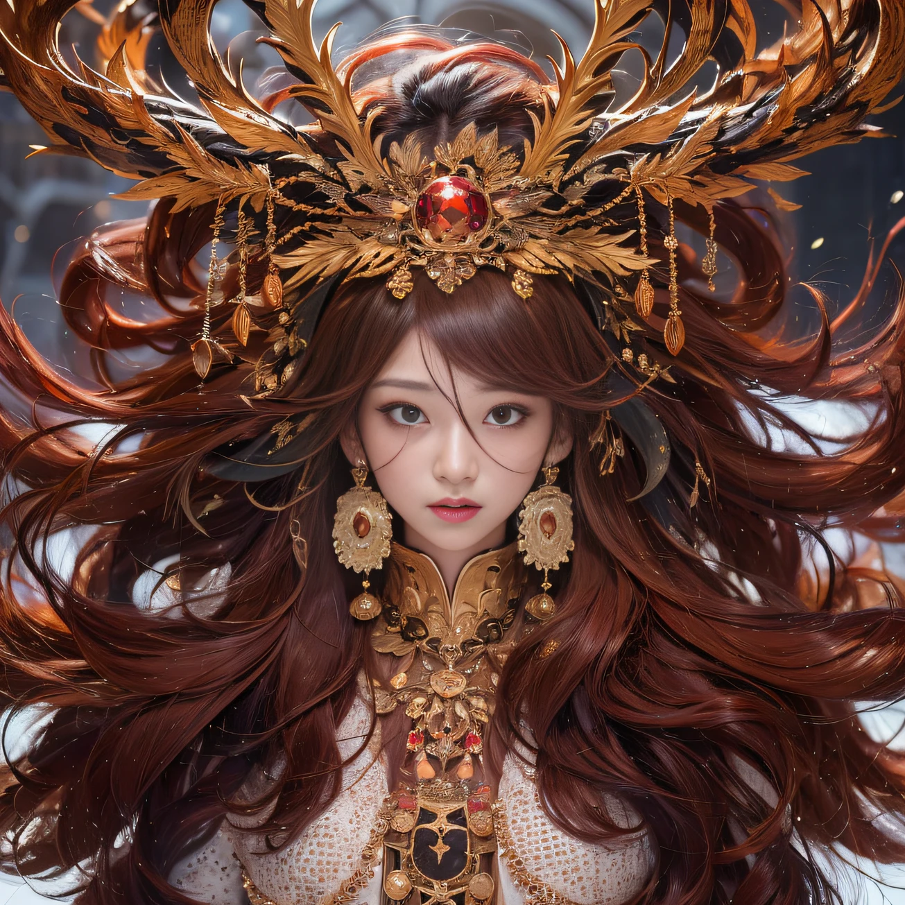 32K gradient glass texture(tmasterpiece,k hd,hyper HD,32K)Short burgundy hair,Short flowing hair,Onsen District,Flame Girl ,Yao Lang protector (realisticlying:1.4),Python pattern robe,Black gold master Kawashima work headdress,Snowflakes fluttering,The background is pure,Hold your head high,Be proud,The nostrils look at people, A high resolution, the detail, RAW photogr, Sharp Re, Nikon D850 Film Stock Photo by Jefferies Lee 4 Kodak Portra 400 Camera F1.6 shots, Rich colors, ultra-realistic vivid textures, Dramatic lighting, Unreal Engine Art Station Trend, cinestir 800,Hold your head high,Be proud,The nostrils look at people,Short burgundy hair