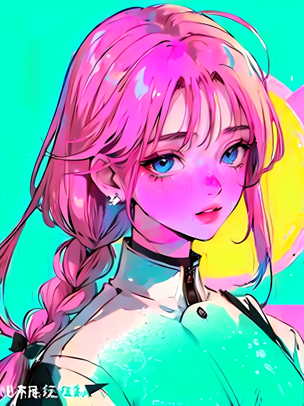 (Portrait:1.4), (masutepiece:1.2, Best Quality:1.2), bottom-up, Full body, 1 girl with single braid pink hair, Solo, Looking down, Face Focus, Extreme facial details, Cool eyes, extremely detailed eye, goodlooking, makeup, Fingers on lips, blue Eyes, Thin, slim, white fur coat, Black tights, earrings, (Marco) Cafe)