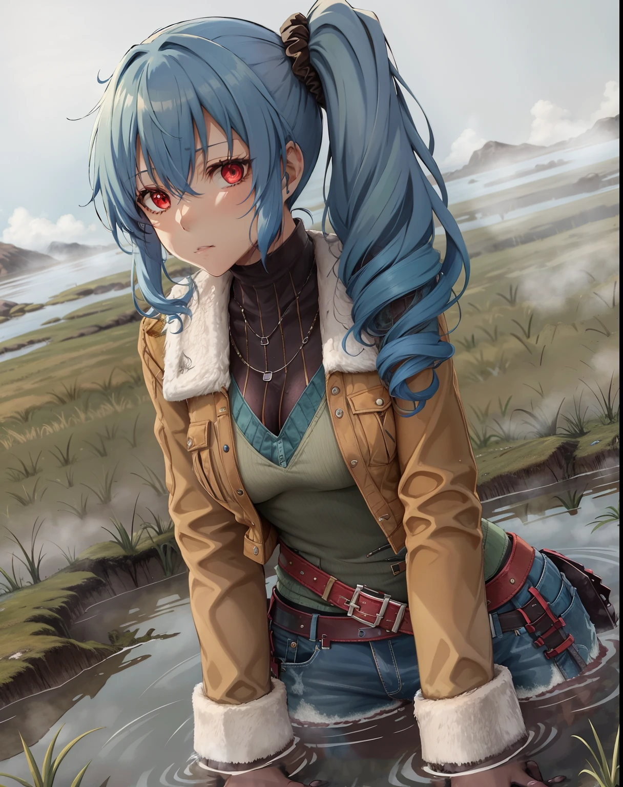 from below, blue hair, side ponytail, scrunchie, red eyes, medium breasts, brown jacket, fur trim, green top, black collar, belt, sinking in the mud, muddy ground, thick, opaque mud, marshy terrain, thick fog
