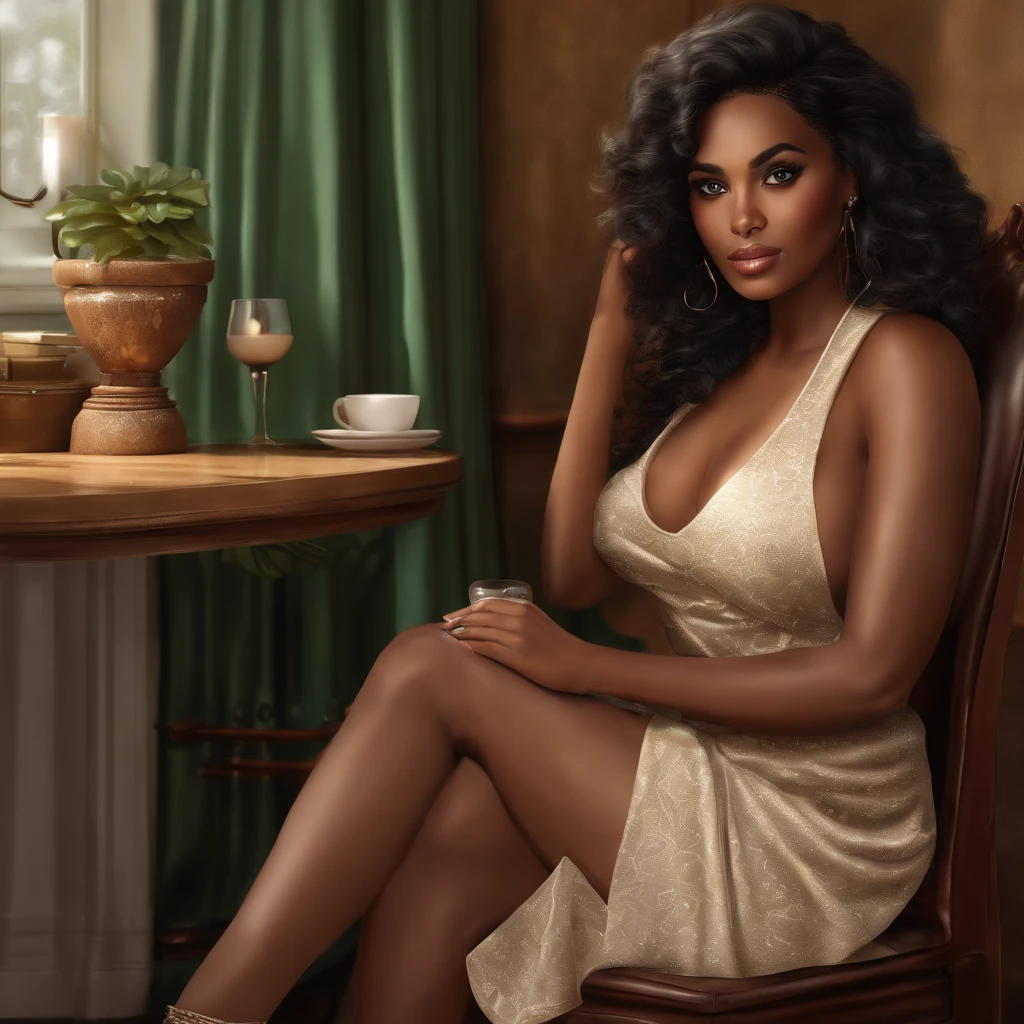 (hyperrealistic), (illustration), (high resolution), (8K), (extremely detailed), (best illustration), (beautiful detailed eyes), (best quality), (super detailed), (masterpiece), (wallpaper), (detailed face), solo, (dynamic pose), 1 , 60 jears old black woman,black wavy hair on the chair, , heterochromic eyes, small moles under the eyes, ((short apron)), medium breasts, long legs, tightens abs, (camel toes), (), (no bra)