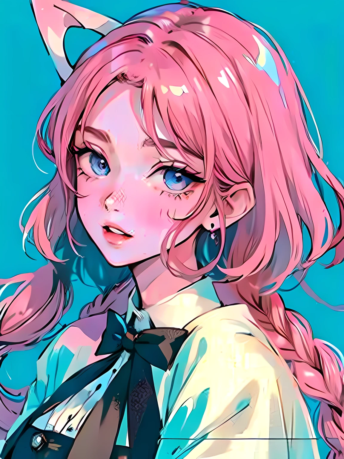 Cat punch、Girl with pink hair、blue eyes、Twin Drill、A scene from a movie