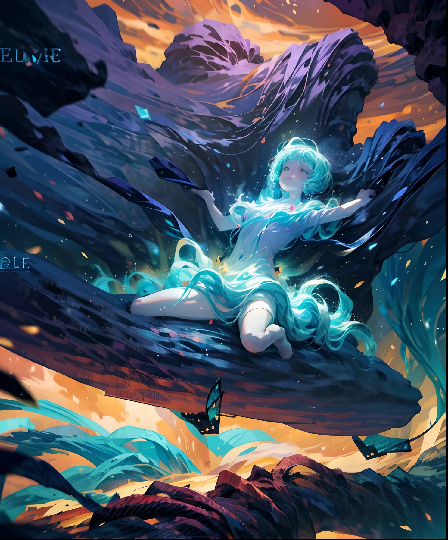 Describe a scene where a cute girl character is lying on a grassy hill, Looking up at the starry sky. Surround her with colorful nebulae and her favorite constellations.
